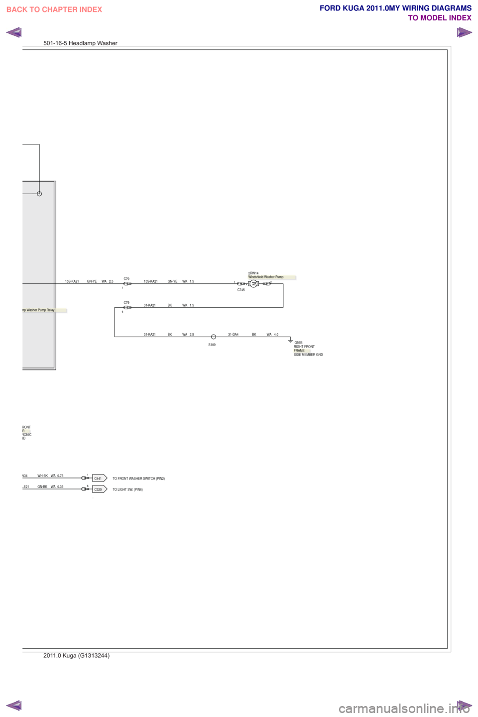 FORD KUGA 2011 1.G Wiring Diagram Workshop Manual .TO LIGHT SW. (PIN6).TO FRONT WASHER SWITCH (PIN2)A34 WH-BK WA 0.75
LE21 GN-BK WA 0.35
M
2RW14..
1
C745
2
6C320
1C441
S109
31-DA4 BK WA 4.0
15S-KA21 GN-YE WA 2.5C79
115S-KA21 GN-YE WK 1.5
C79
61.5WK
B