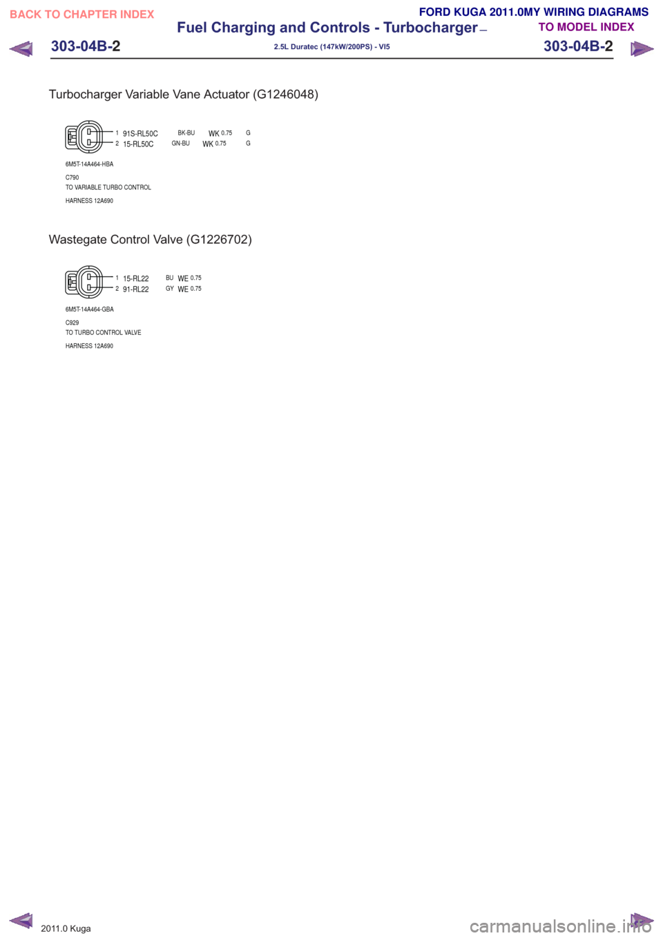 FORD KUGA 2011 1.G Wiring Diagram User Guide Turbocharger Variable Vane Actuator (G1246048)
12
6M5T-14A464-HBA
HARNESS 12A690 TO VARIABLE TURBO CONTROL C790 G
0.75
WKBK-BU91S-RL50CG
0.75WKGN-BU15-RL50C
Wastegate Control Valve (G1226702)
12
6M5T-
