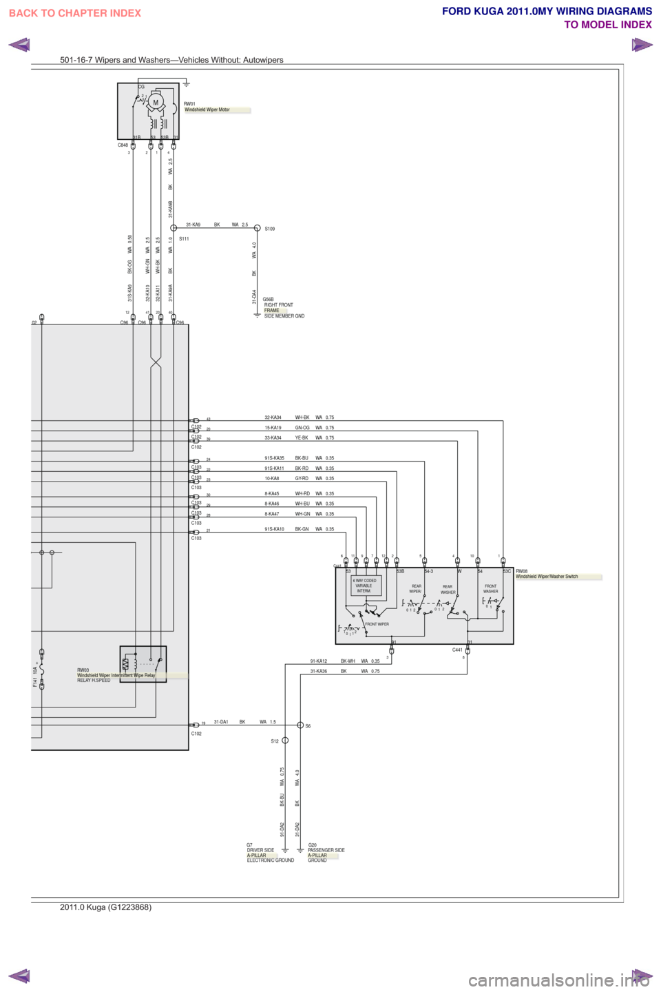 FORD KUGA 2011 1.G Wiring Diagram Workshop Manual C96
12
214C8483
31-DA2 BK WA 4.0
S61.5
WA
BK
31-DA1
C102
19
23
02C96
41
0.75
WA
BK
31-KA36
C1023933-KA34 YE-BK WA 0.75
C103240.35
WA
BK-BU
91S-KA35
C102430.75
WA
WH-BK
32-KA34
22C103
C1032191S-KA10 BK