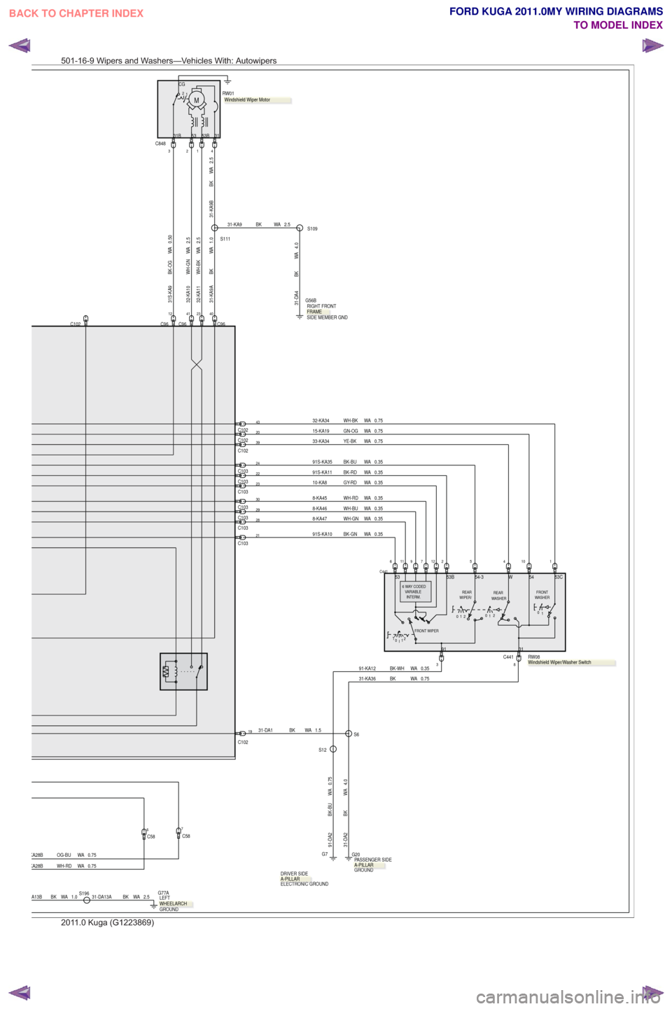 FORD KUGA 2011 1.G Wiring Diagram Owners Manual C102
31-KA36 BK WA 0.75
0.75
WA
YE-BK
33-KA34
91S-KA35 BK-BU WA 0.35
32-KA34 WH-BK WA 0.75
21C1030.35
WA
BK-GN
91S-KA10
C10330
C10329
C10328
0.75
WA
GN-OG
15-KA19
C10323
91-KA12 BK-WH WA 0.35
8-KA47 W