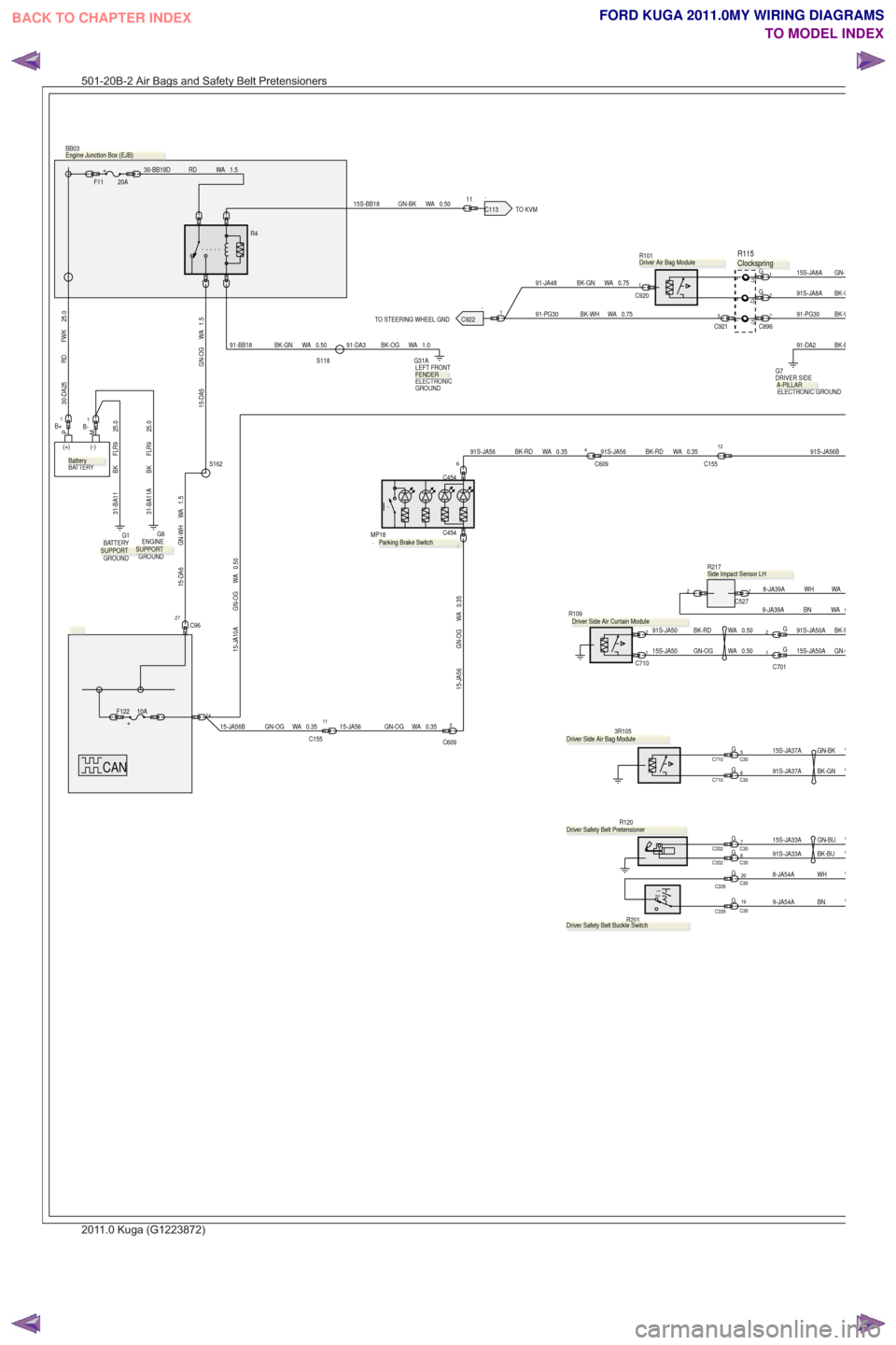 FORD KUGA 2011 1.G Wiring Diagram Manual PDF .TO KVM
.TO STEERING WHEEL GND
CAN
0WA
BN
9-JA39A
2
.
R217
1C527WA
WH
8-JA39A
30-DA25 RD FWK 25.0
1G
2G91S-JA8A BK-O
GN-R15S-JA8A
3R105
.
R120
.
91S-JA33A BK-BUW15S-JA33A GN-BUW
91S-JA37A BK-GNW
1 2
.