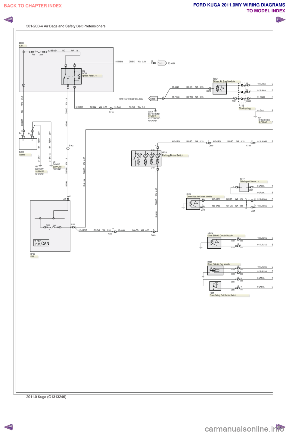 FORD KUGA 2011 1.G Wiring Diagram Workshop Manual .TO KVM
.TO STEERING WHEEL GND
CAN
B9-JA39A
2
.
R217
1C527W8-JA39A
30-DA25 RD FWK 25.0
1G
2G91S-JA8AB
G15S-JA8A
3R109
.
R105.
91S-JA33AB15S-JA33AG
91S-JA37AB
1 2
.
R201
0.35
WA
GN-OG
15-JA10A
PM
(+) (