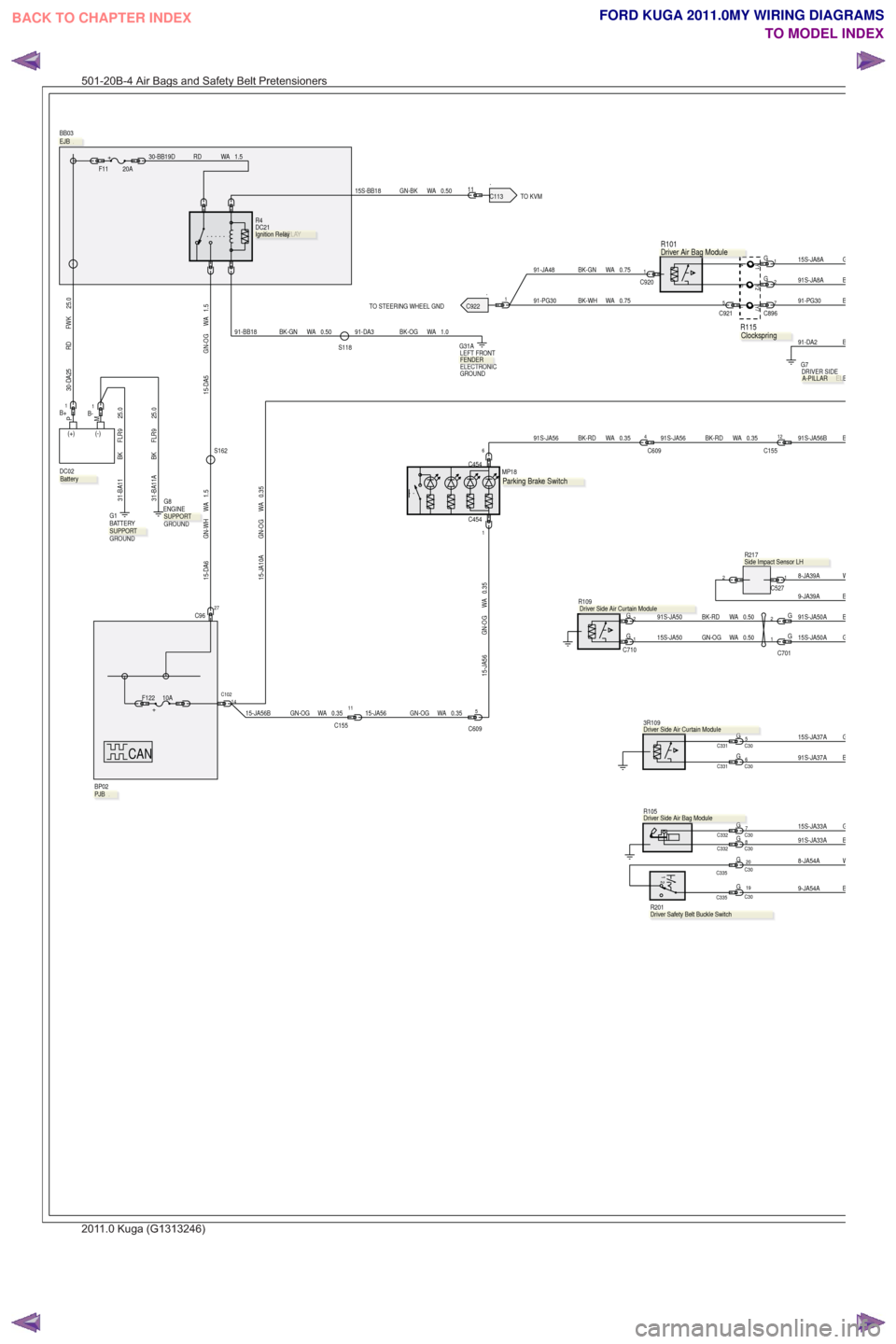 FORD KUGA 2011 1.G Wiring Diagram Workshop Manual .TO KVM
.TO STEERING WHEEL GND
CAN
B9-JA39A
2
.
R217
1C527W8-JA39A
30-DA25 RD FWK 25.0
1G
2G91S-JA8AB
G15S-JA8A
3R109
.
R105.
91S-JA33AB15S-JA33AG
91S-JA37AB
1 2
.
R201
0.35
WA
GN-OG
15-JA10A
PM
(+) (