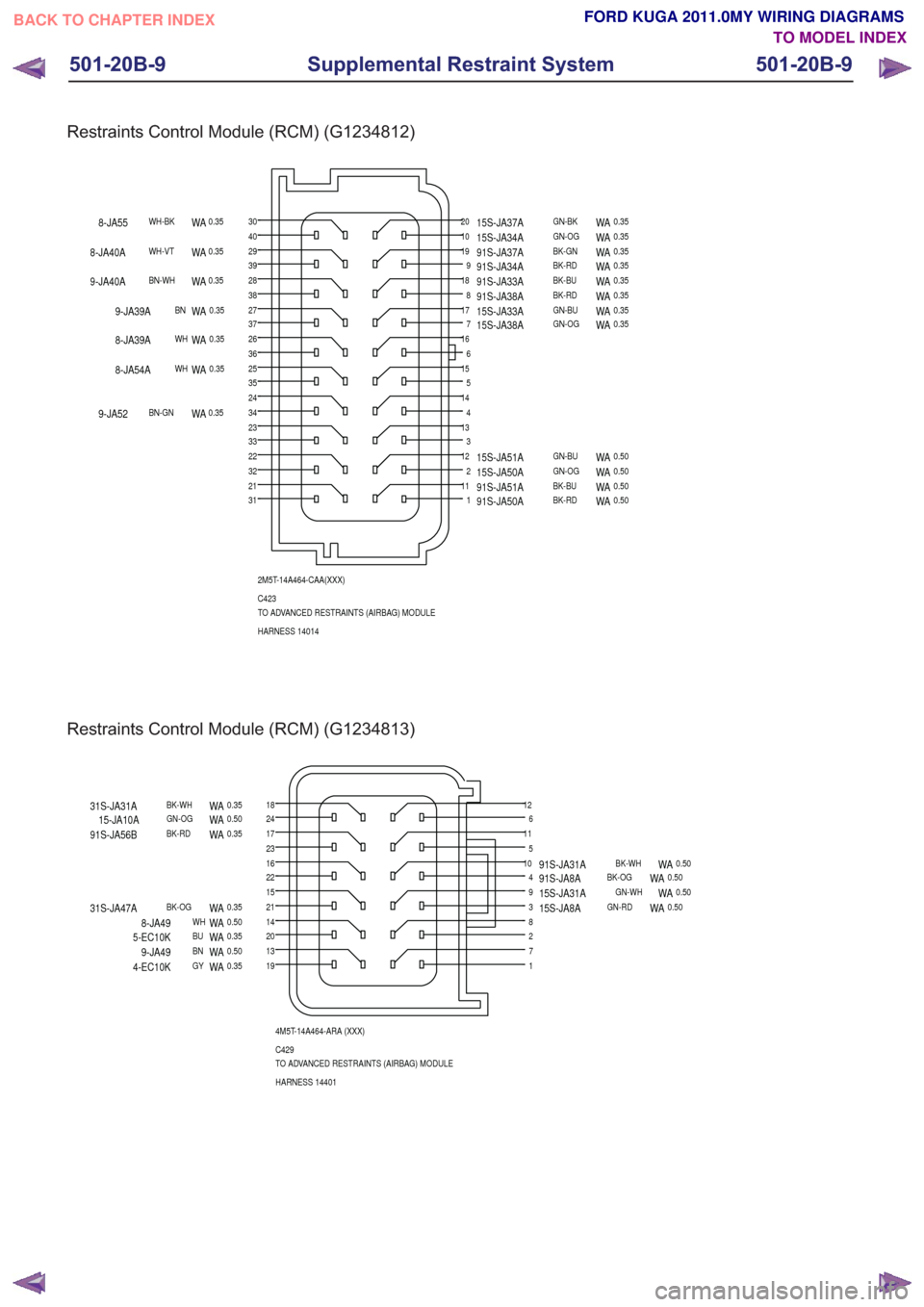 FORD KUGA 2011 1.G Wiring Diagram Workshop Manual Restraints Control Module (RCM) (G1234812)
2
3
4
5
6
7
8
9
12
13
14
15
16
17
18
19
23
22
24
25
26
27
28
29
32
33
34
35
36
37
38
39
10403020
2111311
2M5T-14A464-CAA(XXX)
C423
TO ADVANCED RESTRAINTS (AI