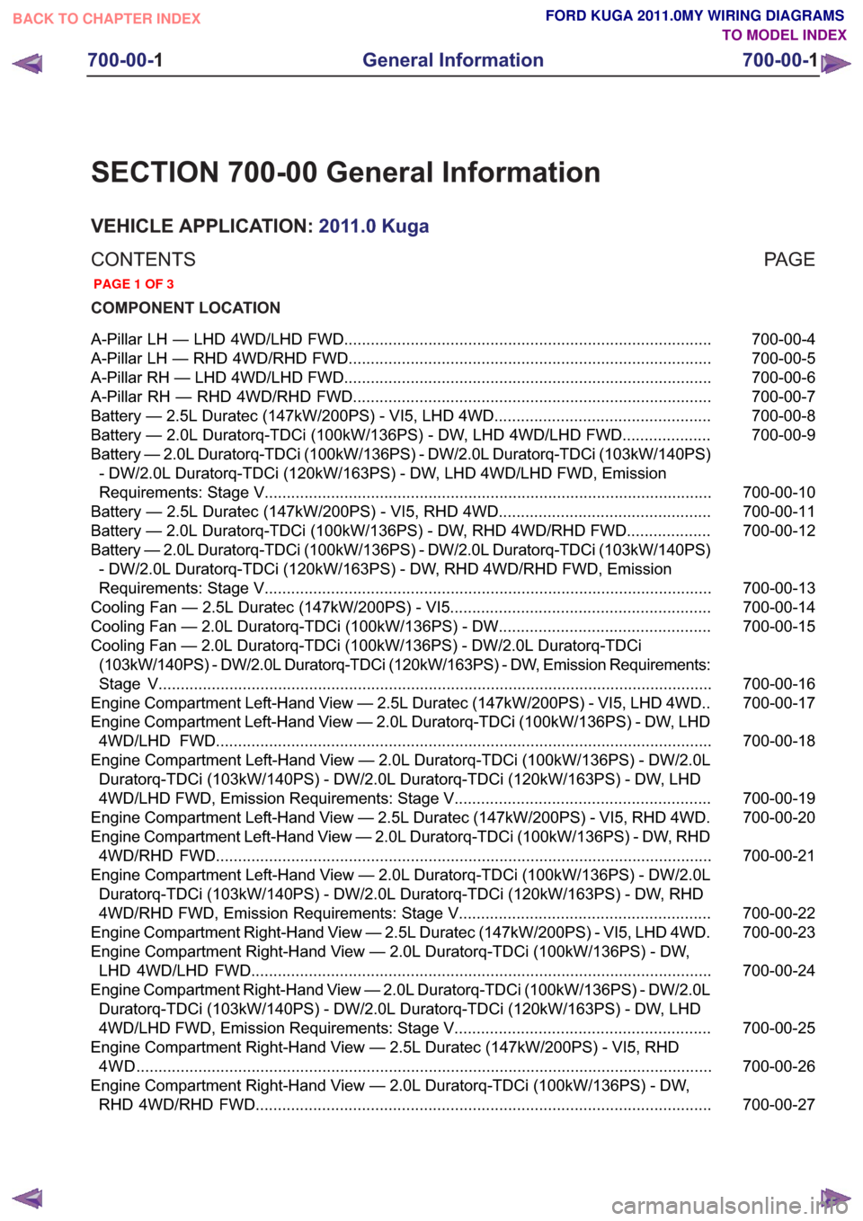 FORD KUGA 2011 1.G Wiring Diagram Workshop Manual SECTION 700-00 General Information
VEHICLE APPLICATION:2011.0 Kuga
PA G E
CONTENTS
COMPONENT LOCATION
700-00-4
A-Pillar LH — LHD 4WD/LHD FWD ......................................................... FORD KUGA 2011 1.G Wiring Diagram Workshop Manual SECTION 700-00 General Information
VEHICLE APPLICATION:2011.0 Kuga
PA G E
CONTENTS
COMPONENT LOCATION
700-00-4
A-Pillar LH — LHD 4WD/LHD FWD .........................................................
