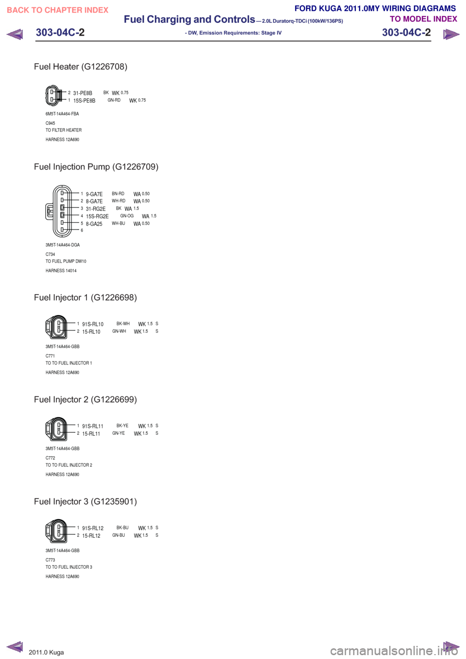 FORD KUGA 2011 1.G Wiring Diagram Workshop Manual Fuel Heater (G1226708)
12
6M5T-14A464-FBA
HARNESS 12A690 TO FILTER HEATER C945 0.75
WKGN-RD15S-PE8B
0.75WKBK31-PE8B
Fuel Injection Pump (G1226709)
12
56
34
3M5T-14A464-DGA
C734
TO FUEL PUMP DW10
HARNE