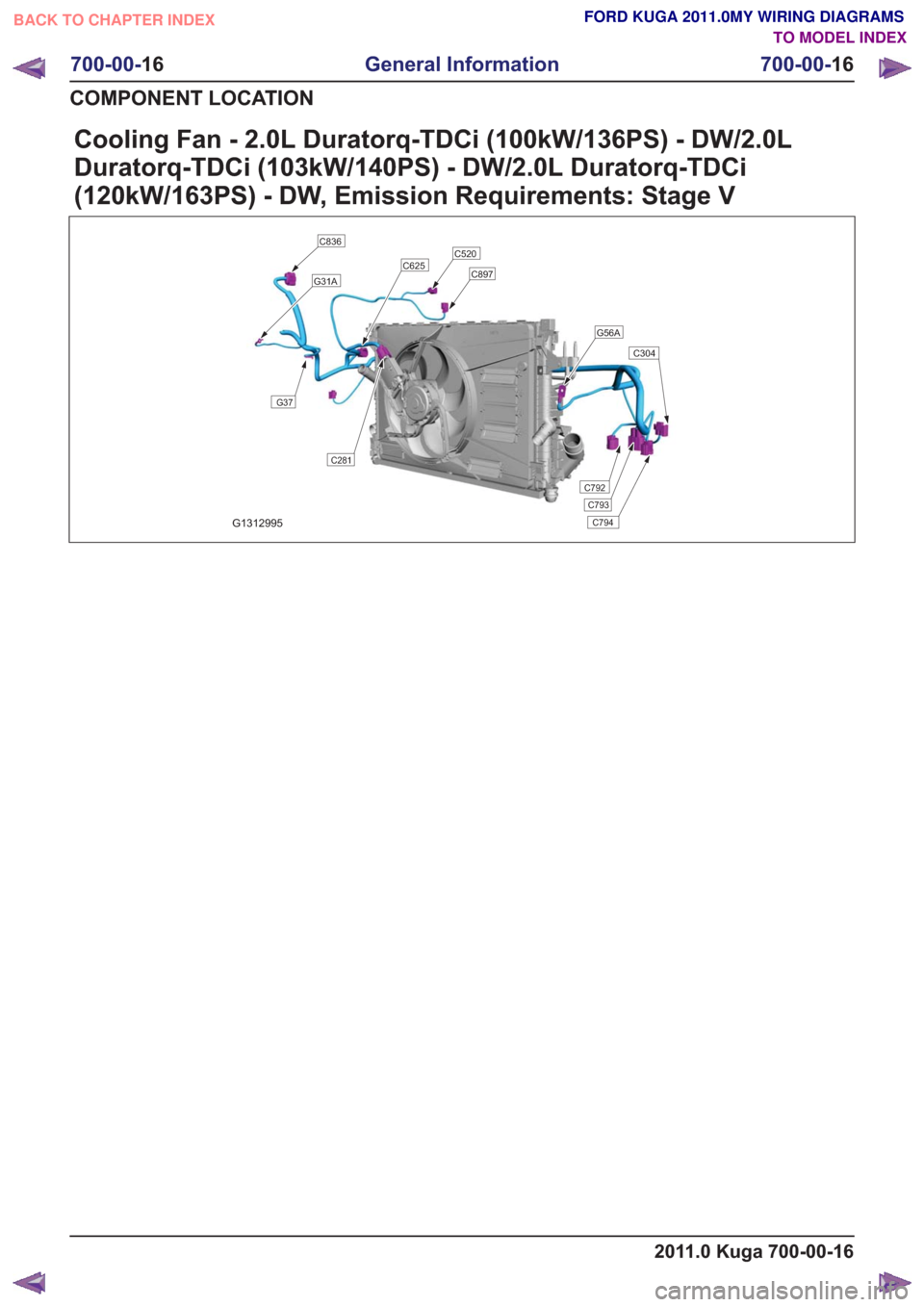 FORD KUGA 2011 1.G Wiring Diagram Workshop Manual Cooling Fan - 2.0L Duratorq-TDCi (100kW/136PS) - DW/2.0L
Duratorq-TDCi (103kW/140PS) - DW/2.0L Duratorq-TDCi
(120kW/163PS) - DW, Emission Requirements: Stage V
G1312995
C520
C897
G56A
C304
C792
C793
C
