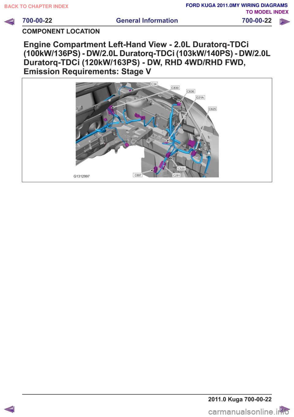 FORD KUGA 2011 1.G Wiring Diagram Owners Manual Engine Compartment Left-Hand View - 2.0L Duratorq-TDCi
(100kW/136PS) - DW/2.0L Duratorq-TDCi (103kW/140PS) - DW/2.0L
Duratorq-TDCi (120kW/163PS) - DW, RHD 4WD/RHD FWD,
Emission Requirements: Stage V
G