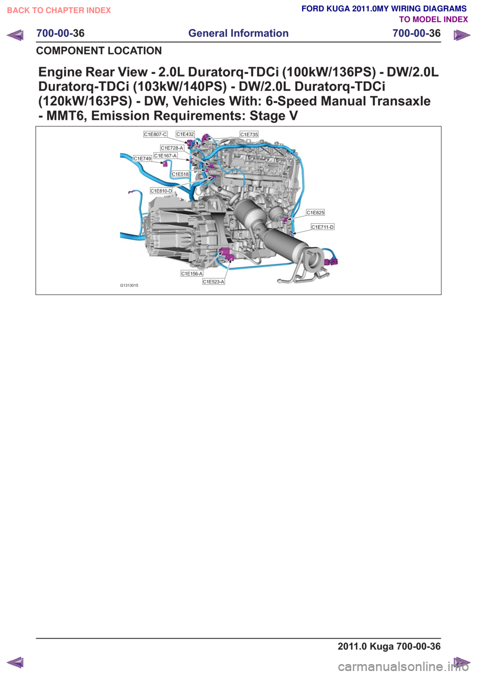 FORD KUGA 2011 1.G Wiring Diagram Workshop Manual Engine Rear View - 2.0L Duratorq-TDCi (100kW/136PS) - DW/2.0L
Duratorq-TDCi (103kW/140PS) - DW/2.0L Duratorq-TDCi
(120kW/163PS) - DW, Vehicles With: 6-Speed Manual Transaxle
- MMT6, Emission Requireme