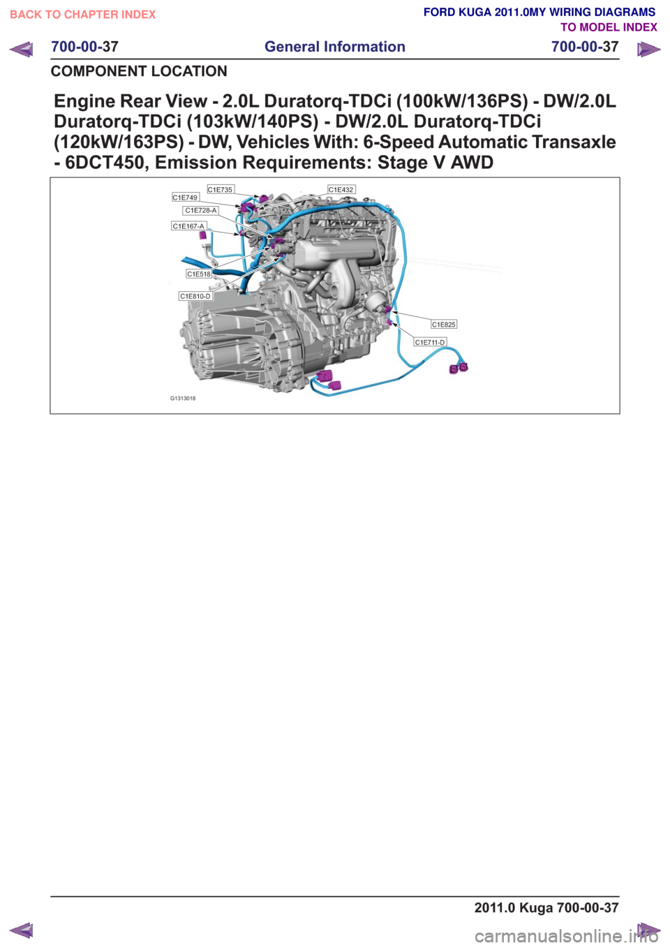 FORD KUGA 2011 1.G Wiring Diagram Workshop Manual Engine Rear View - 2.0L Duratorq-TDCi (100kW/136PS) - DW/2.0L
Duratorq-TDCi (103kW/140PS) - DW/2.0L Duratorq-TDCi
(120kW/163PS) - DW, Vehicles With: 6-Speed Automatic Transaxle
- 6DCT450, Emission Req