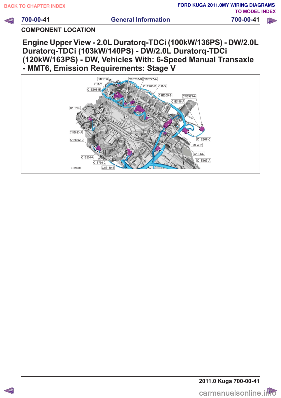 FORD KUGA 2011 1.G Wiring Diagram Workshop Manual Engine Upper View - 2.0L Duratorq-TDCi (100kW/136PS) - DW/2.0L
Duratorq-TDCi (103kW/140PS) - DW/2.0L Duratorq-TDCi
(120kW/163PS) - DW, Vehicles With: 6-Speed Manual Transaxle
- MMT6, Emission Requirem