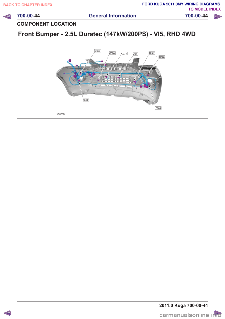 FORD KUGA 2011 1.G Wiring Diagram Workshop Manual Front Bumper - 2.5L Duratec (147kW/200PS) - VI5, RHD 4WD
G1234452
C626
C627C77C974C628C629
C302
C304
2011.0 Kuga 700-00-44
700-00-44
General Information
700-00- 44
COMPONENT LOCATION
BACK TO CHAPTER I