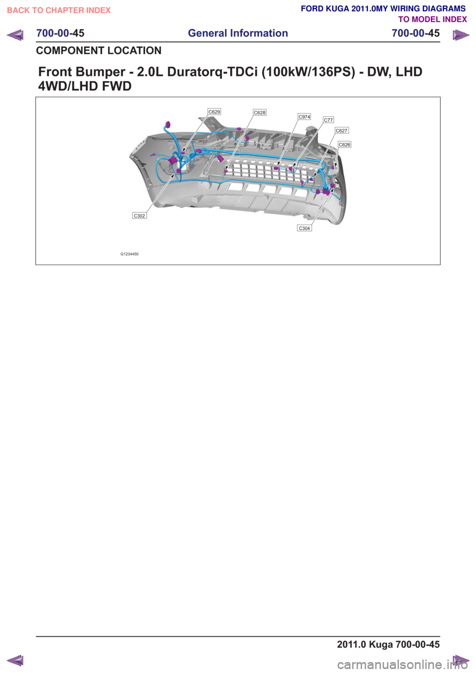 FORD KUGA 2011 1.G Wiring Diagram Workshop Manual Front Bumper - 2.0L Duratorq-TDCi (100kW/136PS) - DW, LHD
4WD/LHD FWD
G1234450
C77C974
C627
C626
C628C629
C302
C304
2011.0 Kuga 700-00-45
700-00-45
General Information
700-00- 45
COMPONENT LOCATION
BA