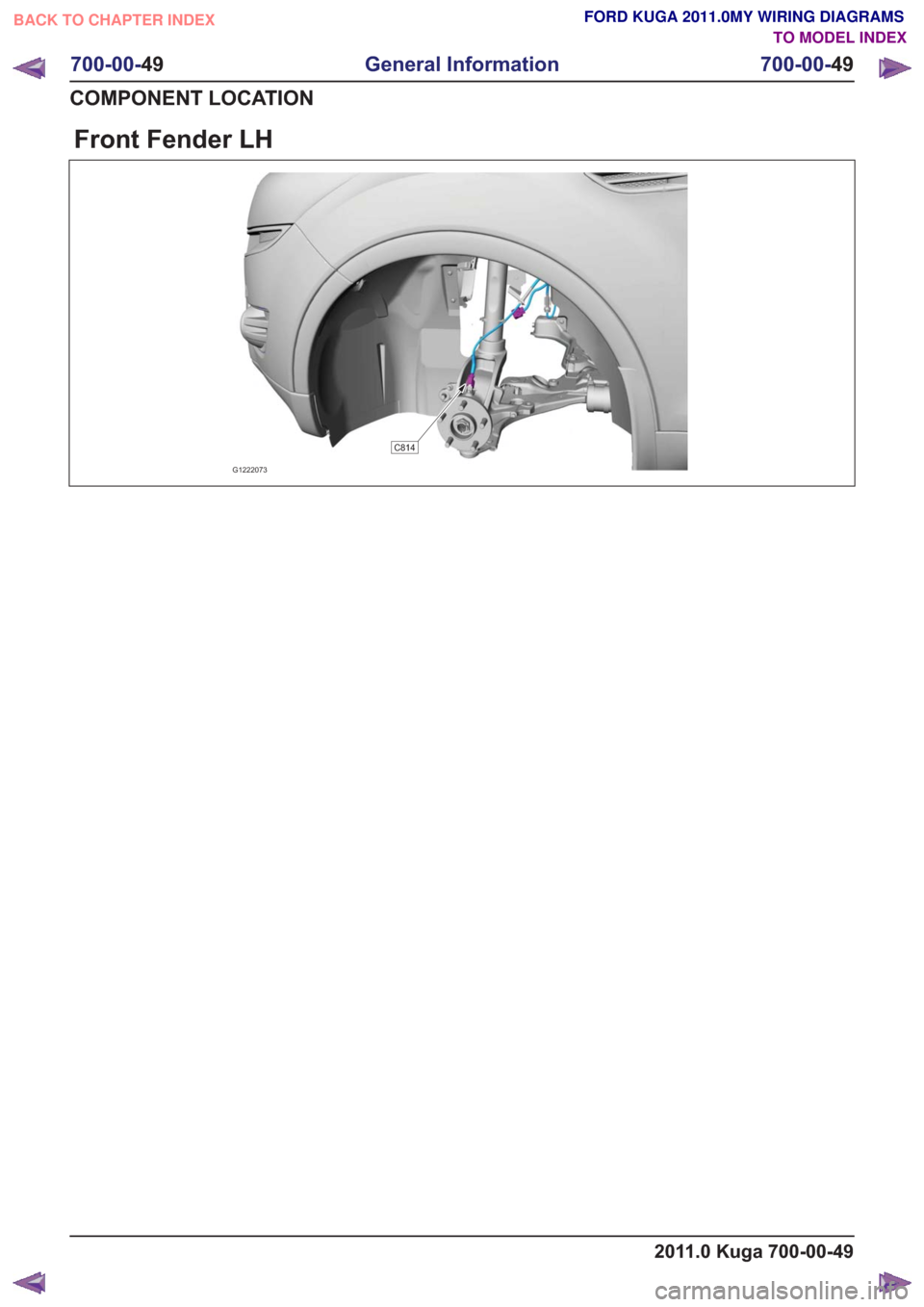 FORD KUGA 2011 1.G Wiring Diagram Workshop Manual Front Fender LH
G1222073
C814
2011.0 Kuga 700-00-49
700-00-49
General Information
700-00- 49
COMPONENT LOCATION
BACK TO CHAPTER INDEX TO MODEL INDEXFORD KUGA 2011.0MY WIRING DIAGRAMS 