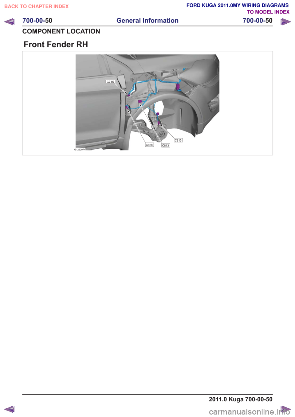 FORD KUGA 2011 1.G Wiring Diagram Workshop Manual Front Fender RH
G1222074
C815C828C813
C745
2011.0 Kuga 700-00-50
700-00-50
General Information
700-00- 50
COMPONENT LOCATION
BACK TO CHAPTER INDEX TO MODEL INDEXFORD KUGA 2011.0MY WIRING DIAGRAMS 