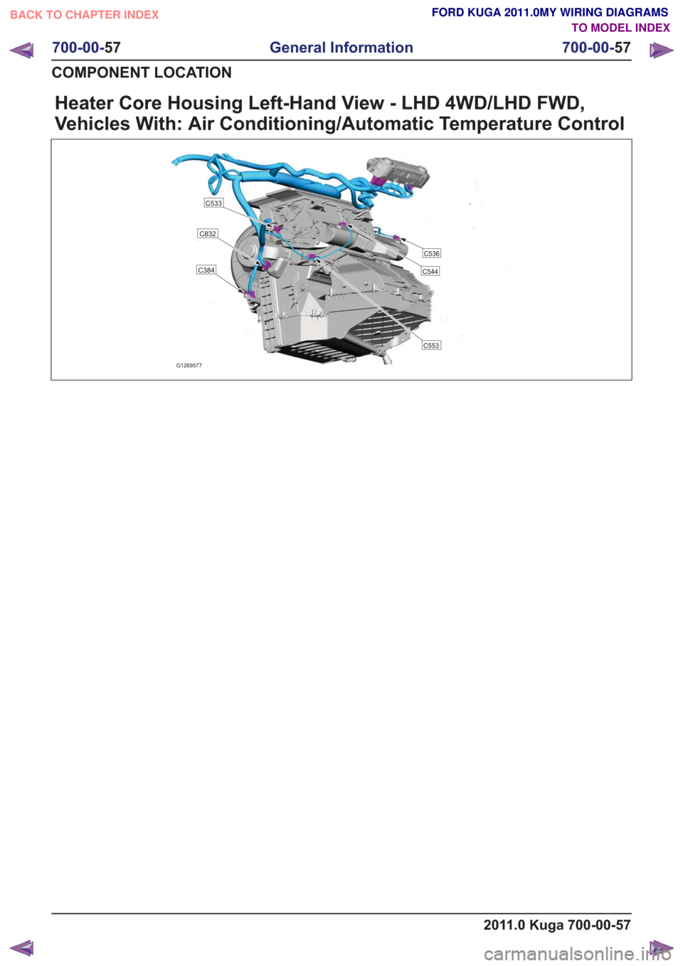 FORD KUGA 2011 1.G Wiring Diagram Workshop Manual Heater Core Housing Left-Hand View - LHD 4WD/LHD FWD,
Vehicles With: Air Conditioning/Automatic Temperature Control
G1269577
C832
C384
C533
C553
C544
C536
2011.0 Kuga 700-00-57
700-00-57
General Infor
