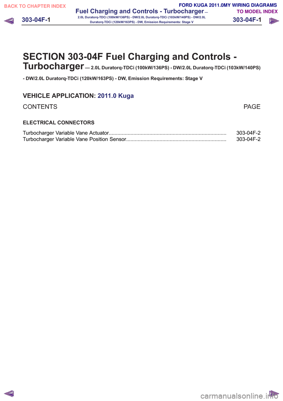 FORD KUGA 2011 1.G Wiring Diagram Workshop Manual SECTION 303-04F Fuel Charging and Controls -
Turbocharger
— 2.0L Duratorq-TDCi (100kW/136PS) - DW/2.0L Duratorq-TDCi (103kW/140PS)
- DW/2.0L Duratorq-TDCi (120kW/163PS) - DW, Emission Requirements: 
