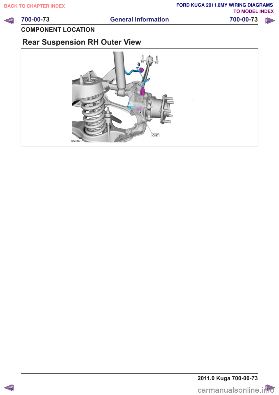 FORD KUGA 2011 1.G Wiring Diagram Workshop Manual Rear Suspension RH Outer View
G1234874
C817
2011.0 Kuga 700-00-73
700-00-73
General Information
700-00- 73
COMPONENT LOCATION
BACK TO CHAPTER INDEX TO MODEL INDEXFORD KUGA 2011.0MY WIRING DIAGRAMS FORD KUGA 2011 1.G Wiring Diagram Workshop Manual Rear Suspension RH Outer View
G1234874
C817
2011.0 Kuga 700-00-73
700-00-73
General Information
700-00- 73
COMPONENT LOCATION
BACK TO CHAPTER INDEX TO MODEL INDEXFORD KUGA 2011.0MY WIRING DIAGRAMS