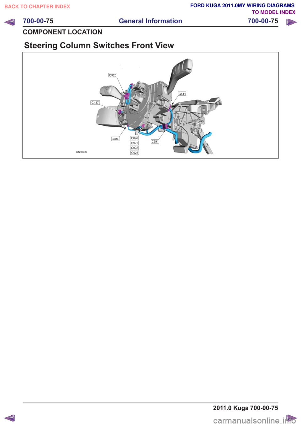 FORD KUGA 2011 1.G Wiring Diagram Workshop Manual Steering Column Switches Front View
C441
C391C896C784
C437
C920
G1236337
C921C922C923
2011.0 Kuga 700-00-75
700-00-75
General Information
700-00- 75
COMPONENT LOCATION
BACK TO CHAPTER INDEX TO MODEL I FORD KUGA 2011 1.G Wiring Diagram Workshop Manual Steering Column Switches Front View
C441
C391C896C784
C437
C920
G1236337
C921C922C923
2011.0 Kuga 700-00-75
700-00-75
General Information
700-00- 75
COMPONENT LOCATION
BACK TO CHAPTER INDEX TO MODEL I