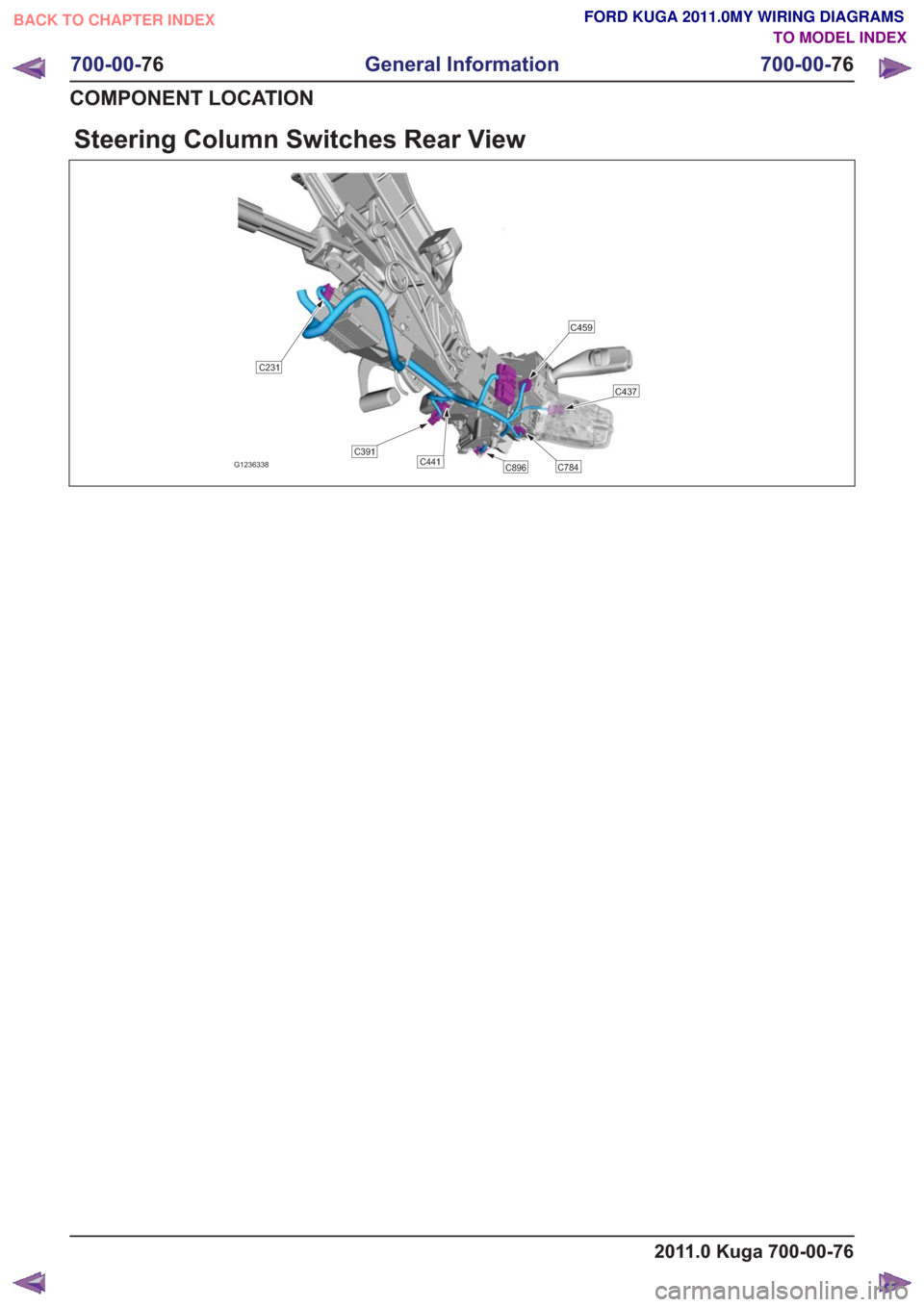 FORD KUGA 2011 1.G Wiring Diagram Workshop Manual Steering Column Switches Rear View
C459
C437
C784C896
C391
C231
C441G1236338
2011.0 Kuga 700-00-76
700-00-76
General Information
700-00- 76
COMPONENT LOCATION
BACK TO CHAPTER INDEX TO MODEL INDEXFORD FORD KUGA 2011 1.G Wiring Diagram Workshop Manual Steering Column Switches Rear View
C459
C437
C784C896
C391
C231
C441G1236338
2011.0 Kuga 700-00-76
700-00-76
General Information
700-00- 76
COMPONENT LOCATION
BACK TO CHAPTER INDEX TO MODEL INDEXFORD