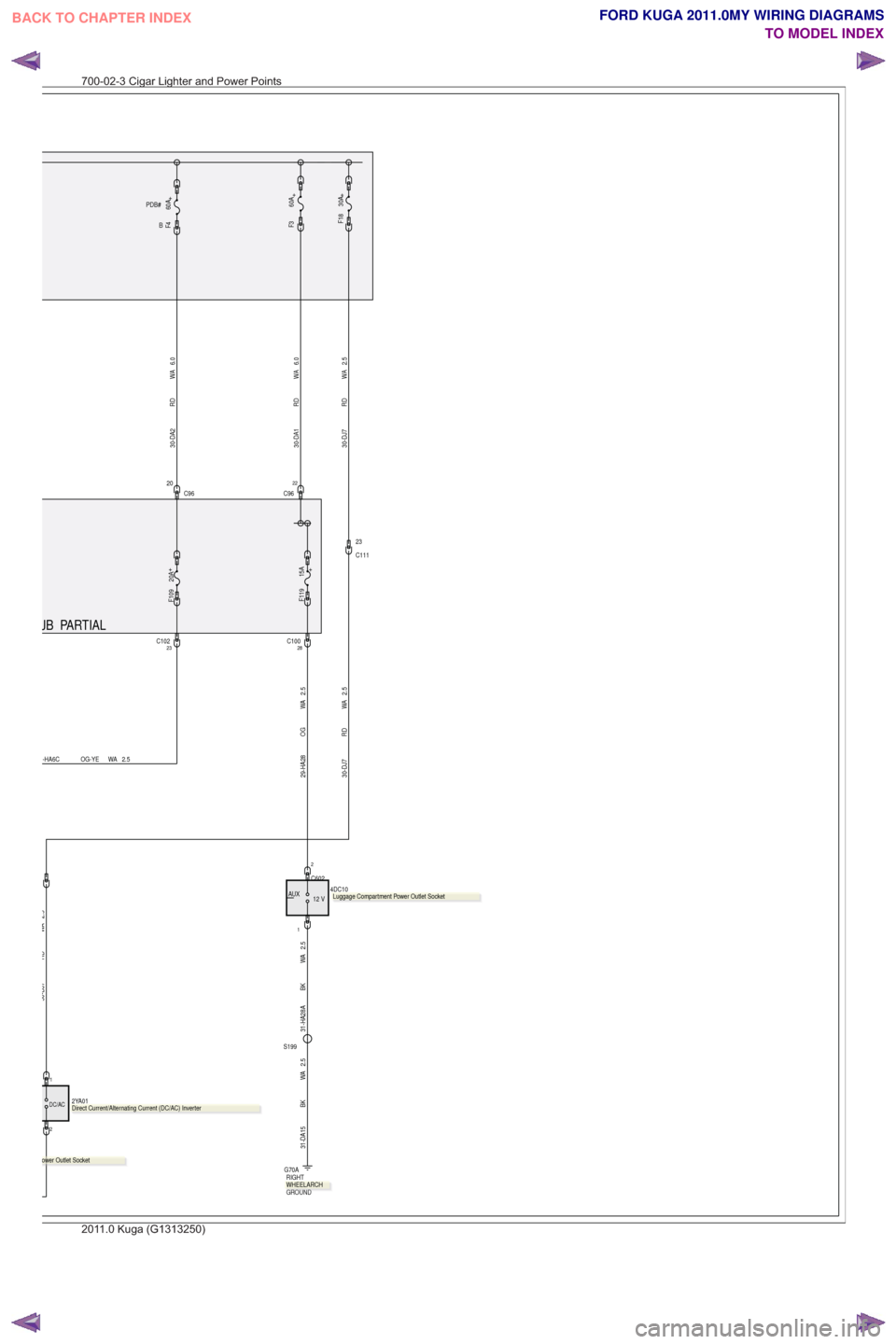 FORD KUGA 2011 1.G Wiring Diagram Workshop Manual PARTIALJB
+20A
F109
20
C96
6.0
WA
RD
30-DA2
2.5
WA
OG
29-HA28
C602
2
1
C602C602
AUX
12 V4DC10
.
PDB#
B+60A
F4
GROUND RIGHT
G70A
28C100
+
F119 15A
30-DA1 RD WA 6.0
22C96
+60A
F3+30AF18
30-DJ7 RD WA 2.5