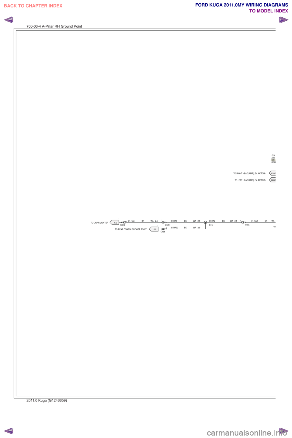 FORD KUGA 2011 1.G Wiring Diagram Workshop Manual TO
TO RIGHT HEADLAMP(LEV. MOTOR) C837
TO LEFT HEADLAMP(LEV. MOTOR) C836
.0.0
TO CIGAR LIGHTER.TO REAR CONSOLE POWER POINT 0.0
GROAIR G39
C155
52.5
WA
BK
31-HA231-HA6 BK WA 2.5
C158 12.5
WA
BK
31-HA30S