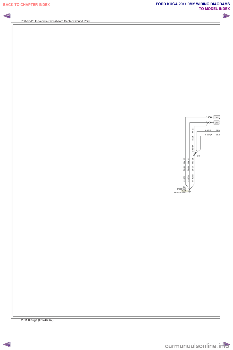 FORD KUGA 2011 1.G Wiring Diagram Service Manual .C442.C44212
11
91-MD5 BK-BU WA 2.591-MD15 BK-GN WA 2.5
G63
CROSS CAR
RADIO GROUND
91-MC12A BK-Y
BK-Y91-MC12
2.5
WA
BK-GN
91-MD15BS165
2.5
WA
BK-GN
91-MD15A
OUNDOOUNDOOOUNDBEAM
700-03-20 In-Vehicle Cr