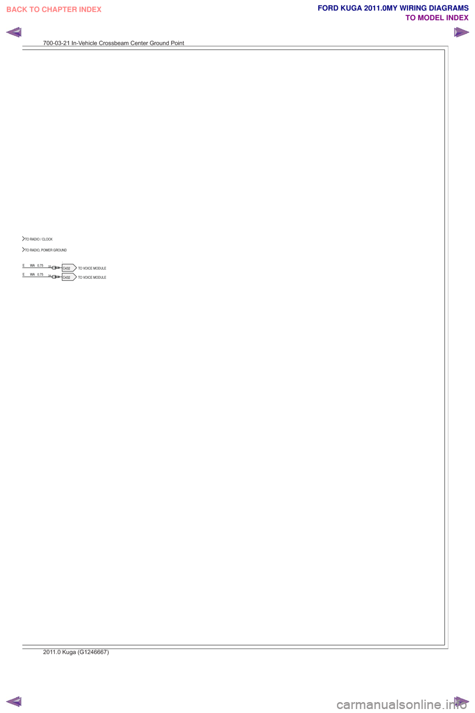 FORD KUGA 2011 1.G Wiring Diagram Service Manual TO RADIO / CLOCK
TO RADIO, POWER GROUND
.TO VOICE MODULE
C432.C432 TO VOICE MODULEYE WA 0.75
0.75
WAYE
34
33
700-03-21 In-Vehicle Crossbeam Center Ground Point
2011.0 Kuga (G1246667)
BACK TO CHAPTER I