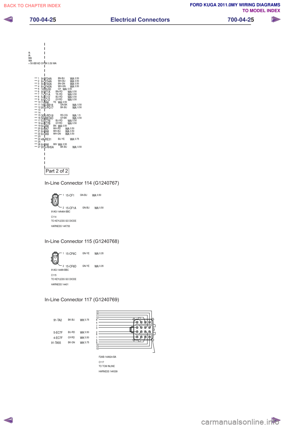 FORD KUGA 2011 1.G Wiring Diagram Service Manual 2
10
13
22
3456789
141516
18192021
17
1
12
24
11
23
252627
WAWAWA
WA
+ 50-BB16D GY-BK 0.50 WA
0.50
WAGY-RD4-EC120.50WABU-RD5-EC120.50WAYE-RD7-CF1A0.50WABN-RD9-CF1A0.50WAGY10-RJ300.50WAWH-GN8-CF40A0.50