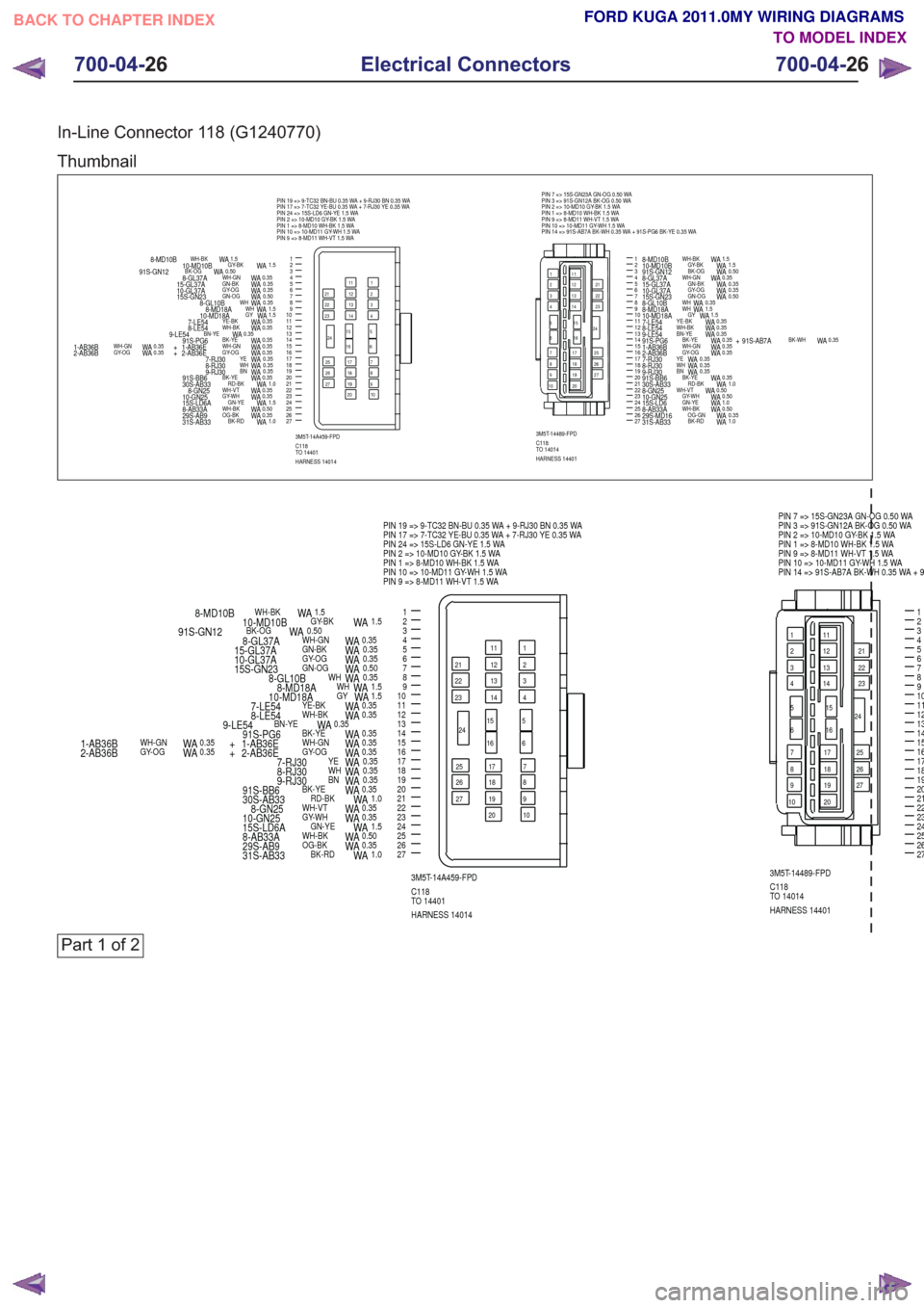 FORD KUGA 2011 1.G Wiring Diagram Workshop Manual In-Line Connector 118 (G1240770)
Thumbnail
2
10
13
22
3456789
14151618192021
17
1
12
24
11
232526273M5T-14A459-FPD
16 15
27 24
25
26 10
23 22 21
20
19 18 1714 13 12 11
9
8 7
6 5 4 3 2 1
HARNESS 14014 FORD KUGA 2011 1.G Wiring Diagram Workshop Manual In-Line Connector 118 (G1240770)
Thumbnail
2
10
13
22
3456789
14151618192021
17
1
12
24
11
232526273M5T-14A459-FPD
16 15
27 24
25
26 10
23 22 21
20
19 18 1714 13 12 11
9
8 7
6 5 4 3 2 1
HARNESS 14014