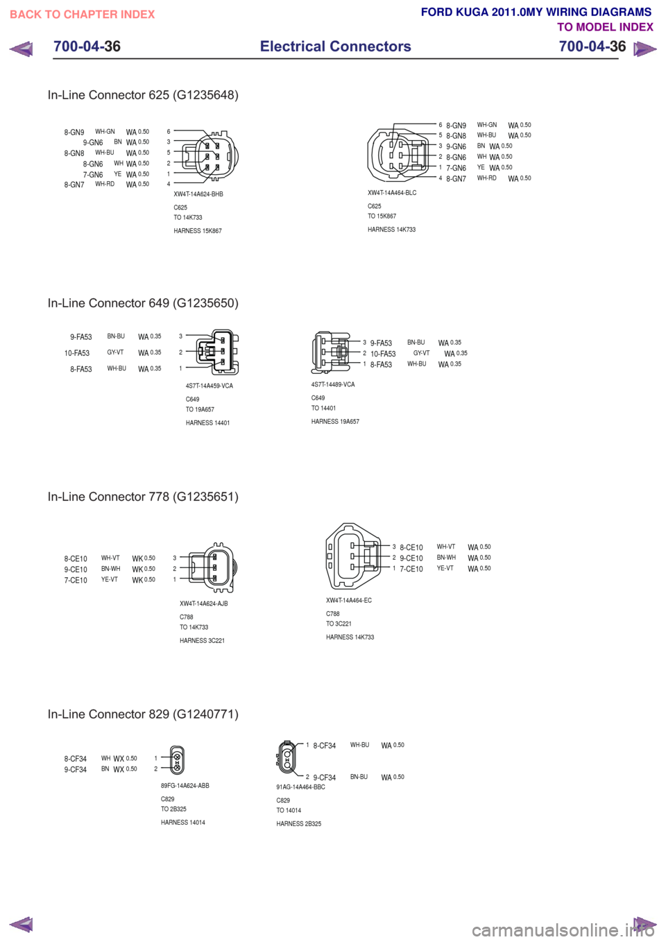FORD KUGA 2011 1.G Wiring Diagram Service Manual In-Line Connector 625 (G1235648)
1
32
4
56
XW4T-14A464-BLC
C625
TO 15K867
HARNESS 14K733
7-GN6YEWA0.50
9-GN6BNWA0.50
8-GN6WHWA0.50
8-GN7WH-RDWA0.50
8-GN8WH-BUWA0.508-GN9WH-GNWA0.5063
41
52 XW4T-14A624