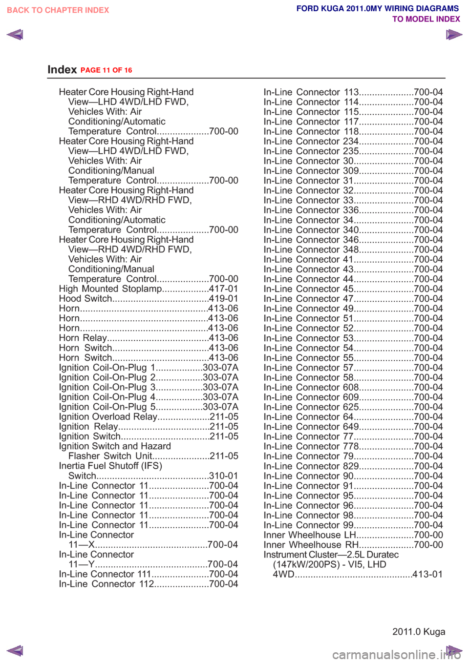 FORD KUGA 2011 1.G Wiring Diagram User Guide Heater Core Housing Right-HandView—LHD 4WD/LHD FWD,
Vehicles With: Air
Conditioning/Automatic
Temperature Control....................700-00
Heater Core Housing Right-Hand View—LHD 4WD/LHD FWD,
Veh