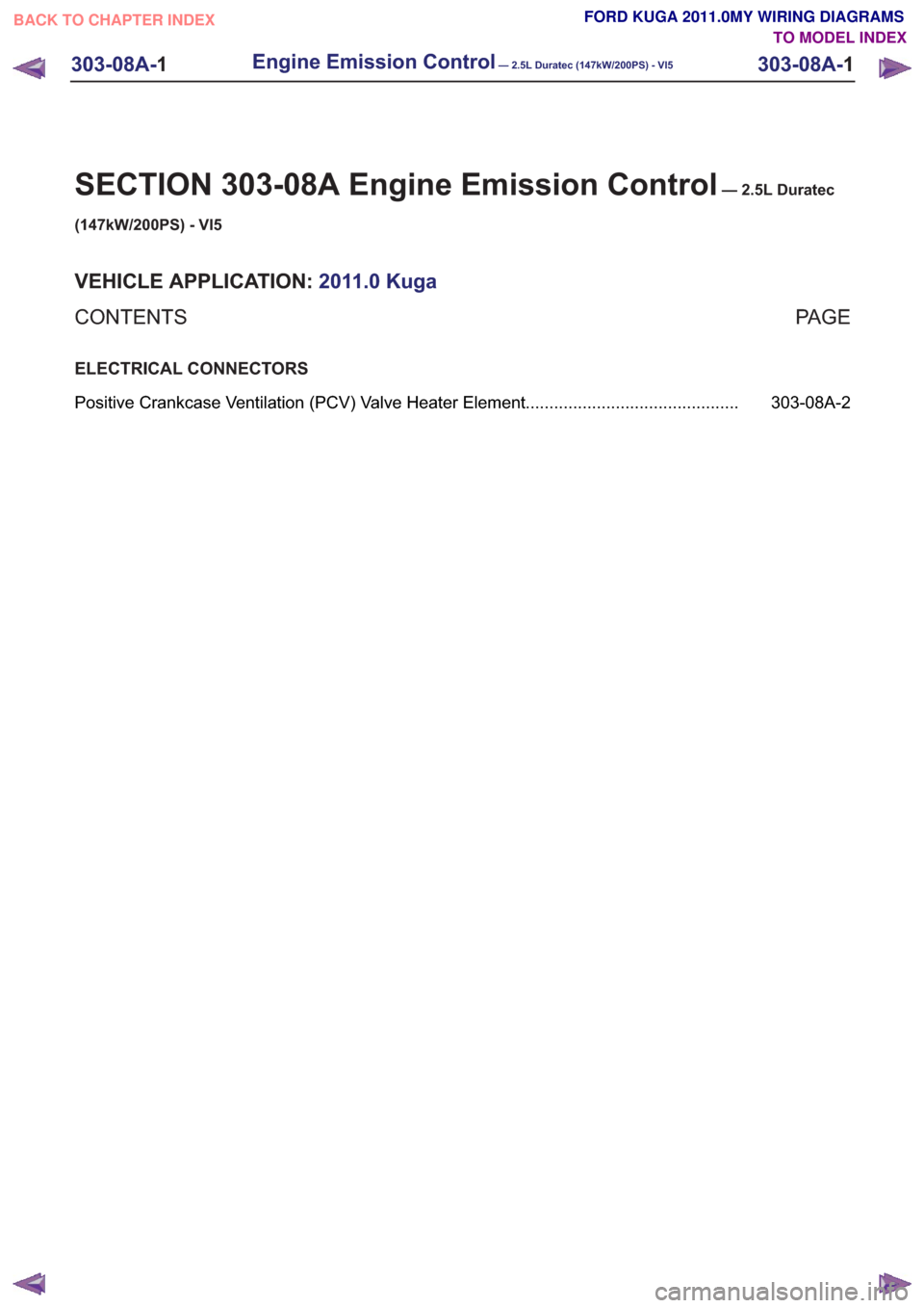 FORD KUGA 2011 1.G Wiring Diagram User Guide SECTION 303-08A Engine Emission Control— 2.5L Duratec
(147kW/200PS) - VI5
VEHICLE APPLICATION: 2011.0 Kuga
PA G E
CONTENTS
ELECTRICAL CONNECTORS
303-08A-2
Positive Crankcase Ventilation (PCV) Valve 