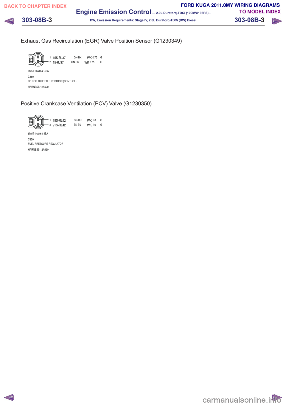 FORD KUGA 2011 1.G Wiring Diagram Workshop Manual Exhaust Gas Recirculation (EGR) Valve Position Sensor (G1230349)
12
6M5T-14A464-GBA
HARNESS 12A690 TO EGR THROTTLE POSITION (CONTROL) C860 G0.75
WKGN-BK15S-RJ37G
0.75WKGN-BK15-RJ37
Positive Crankcase 
