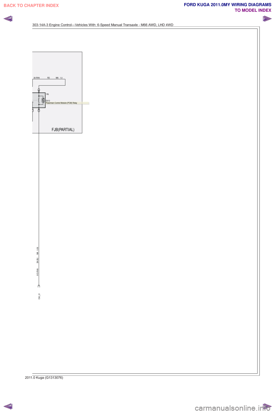 FORD KUGA 2011 1.G Wiring Diagram User Guide FJB(PARTIAL)
R6.
E612
91S-RH9 BK-BU WA 0.50
30-RH9 RD WA 1.0
C90_21
.Powertrain Control Module (PCM) Relay
303-14A-3 Engine Control—Vehicles With: 6-Speed Manual Transaxle - M66 AWD, LHD 4WD
201 1.0