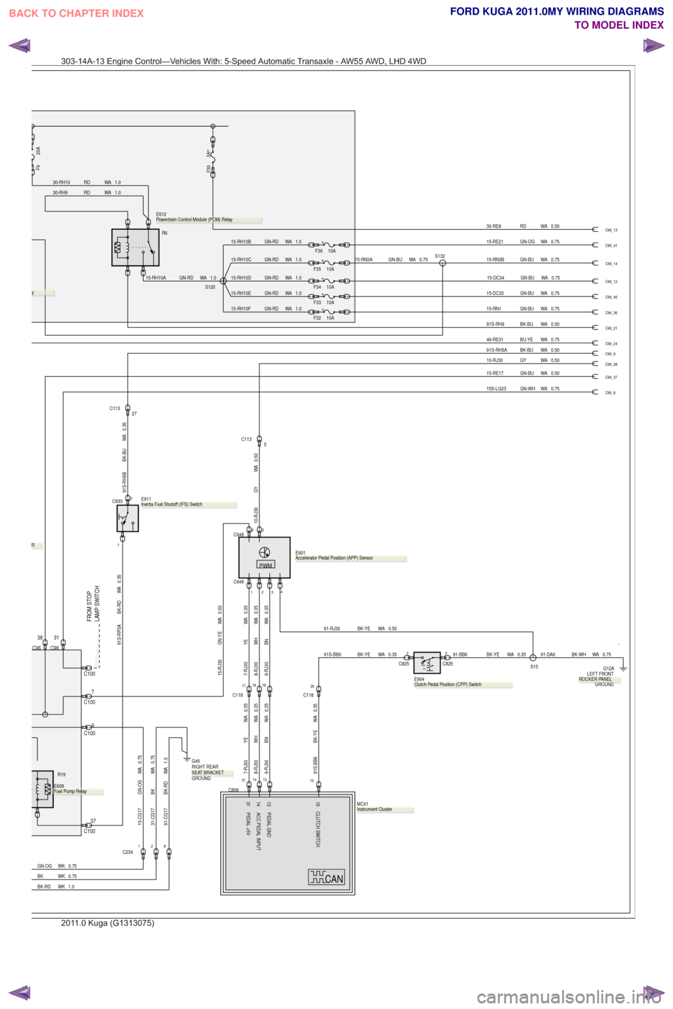 FORD KUGA 2011 1.G Wiring Diagram Workshop Manual LAMP SWITCH FROM STOP
0.50
WA
GY
10-RJ30
0.75
WA
GN-WH
15S-LG23
0.50
WA
GN-BU
15-RE17
31
C96C96 38
C100 7
7-RJ30 YE WA 0.358-RJ30 WH WA 0.35
191817C118
PEDAL GND
13
14 ACC PEDAL INPUT
PEDAL +5V
31
10 FORD KUGA 2011 1.G Wiring Diagram Workshop Manual LAMP SWITCH FROM STOP
0.50
WA
GY
10-RJ30
0.75
WA
GN-WH
15S-LG23
0.50
WA
GN-BU
15-RE17
31
C96C96 38
C100 7
7-RJ30 YE WA 0.358-RJ30 WH WA 0.35
191817C118
PEDAL GND
13
14 ACC PEDAL INPUT
PEDAL +5V
31
10
