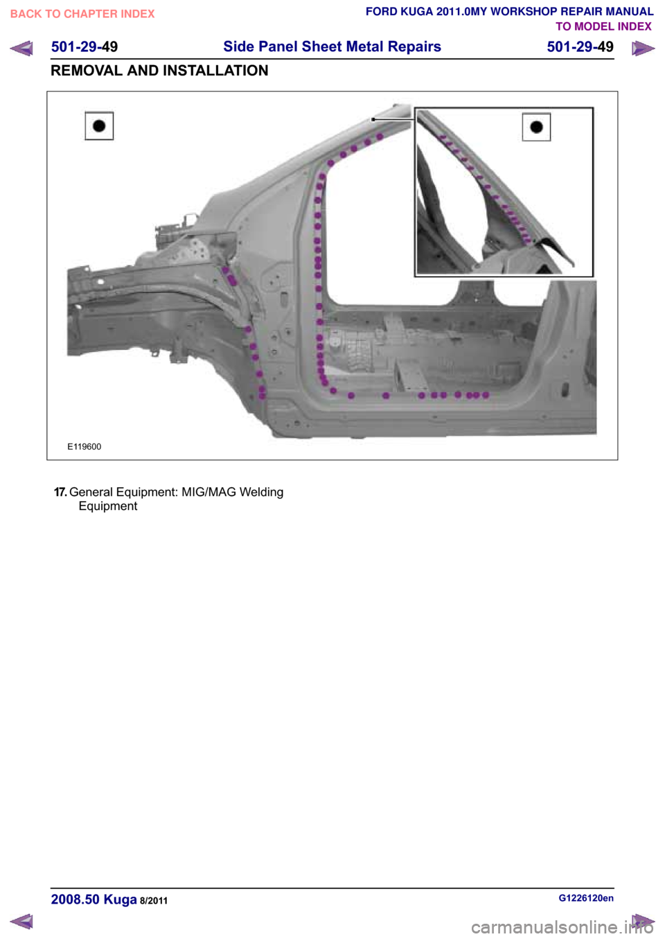 FORD KUGA 2011 1.G Workshop Manual ���������
�6�L�G�H �3�D�Q�H�O �6�K�H�H�W �0�H�W�D�O �5�H�S�D�L�U�V
���������
�5�(�0�2�9�$�/ �$�1� �,�1�6�7�$�/�/�$�7�,�2�1
TO MODEL INDEX
BACK TO CHAPTER INDEX
FORD KUGA 2011.0MY WO