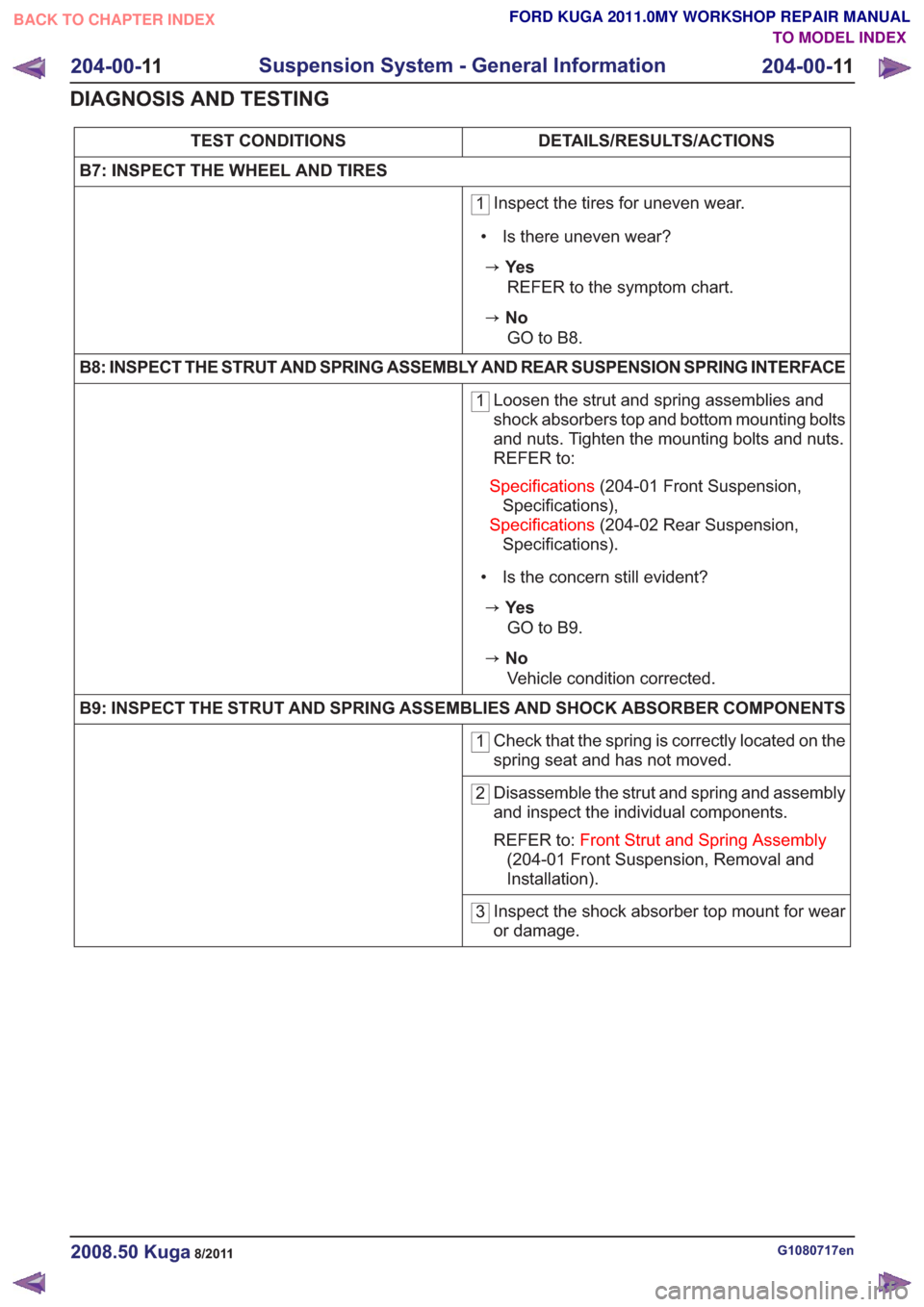 FORD KUGA 2011 1.G Owners Manual DETAILS/RESULTS/ACTIONS
TEST CONDITIONS
B7: INSPECT THE WHEEL AND TIRES
1 Inspect the tires for uneven wear.
• Is there uneven wear?

zYe s REFER to the symptom chart.

zNoGO to B8.
B8: INSPECT THE 