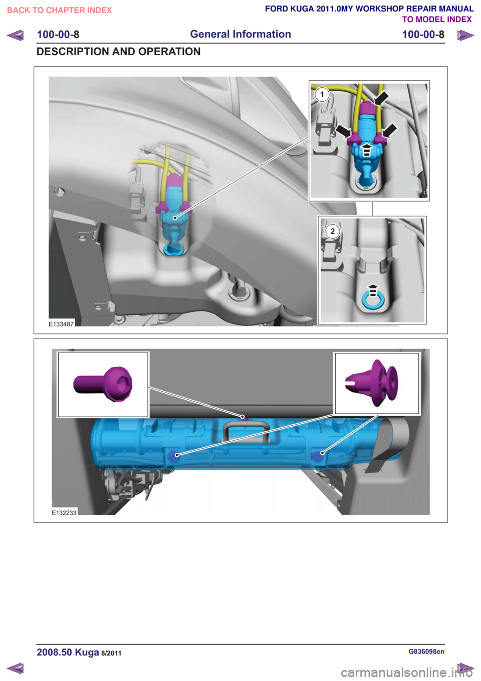FORD KUGA 2011 1.G User Guide E133487
1
2
E132233
G836098en2008.50 Kuga8/2011
100-00-8
General Information
100-00- 8
DESCRIPTION AND OPERATION
TO MODEL INDEX
BACK TO CHAPTER INDEX
FORD KUGA 2011.0MY WORKSHOP REPAIR MANUAL 