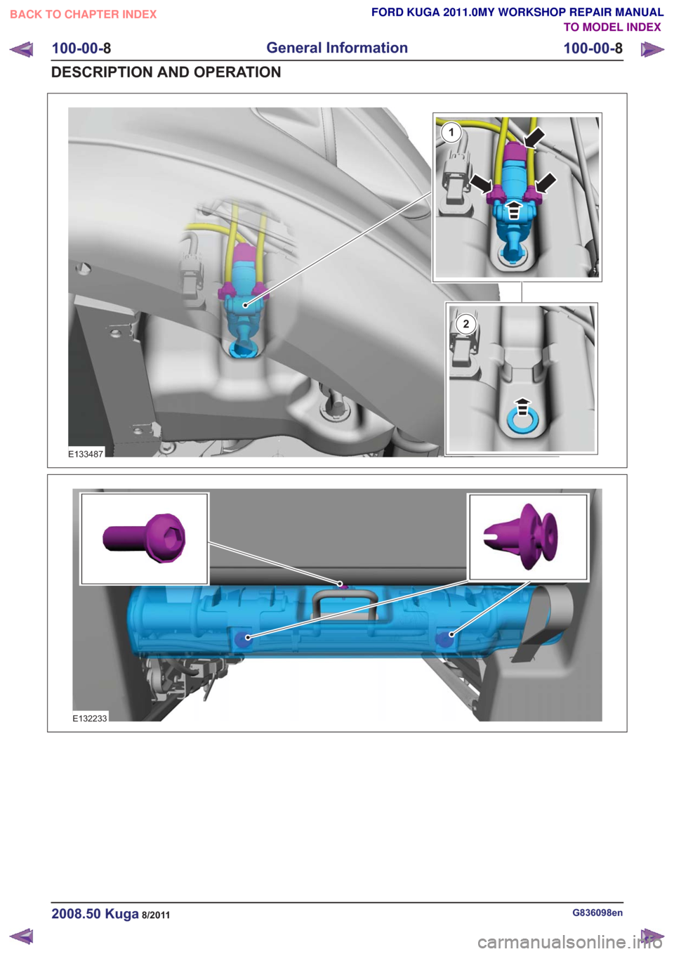 FORD KUGA 2011 1.G Workshop Manual E133487
1
2
E132233
G836098en2008.50 Kuga8/2011
100-00-8
General Information
100-00- 8
DESCRIPTION AND OPERATION
TO MODEL INDEX
BACK TO CHAPTER INDEX
FORD KUGA 2011.0MY WORKSHOP REPAIR MANUAL 