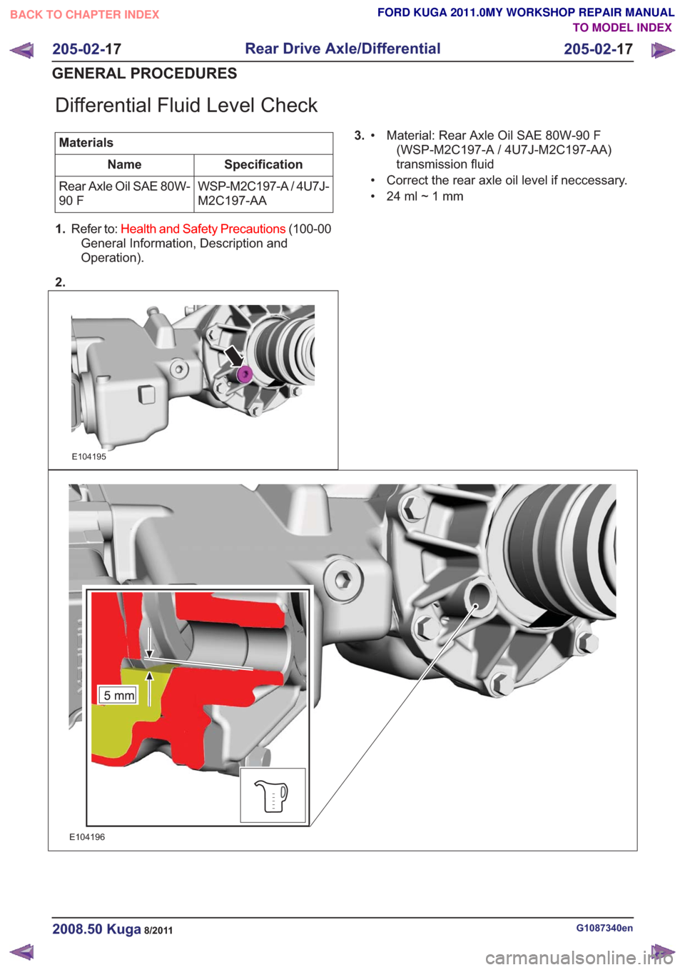 FORD KUGA 2011 1.G Workshop Manual Differential Fluid Level Check
MaterialsSpecification
Name
WSP-M2C197-A / 4U7J-
M2C197-AA
Rear Axle Oil SAE 80W-
90 F
1. Refer to: Health and Safety Precautions (100-00
General Information, Descriptio