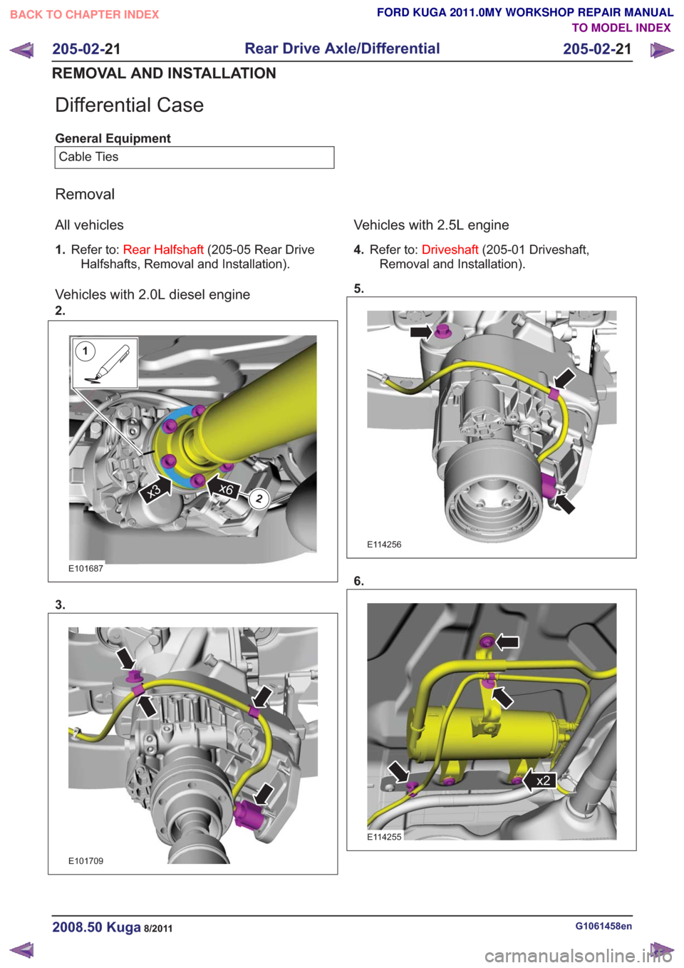 FORD KUGA 2011 1.G Workshop Manual Differential Case
General EquipmentCable Ties
Removal
All vehicles
1. Refer to: Rear Halfshaft (205-05 Rear Drive
Halfshafts, Removal and Installation).
Vehicles with 2.0L diesel engine
2.
1
2x6x3
1
2