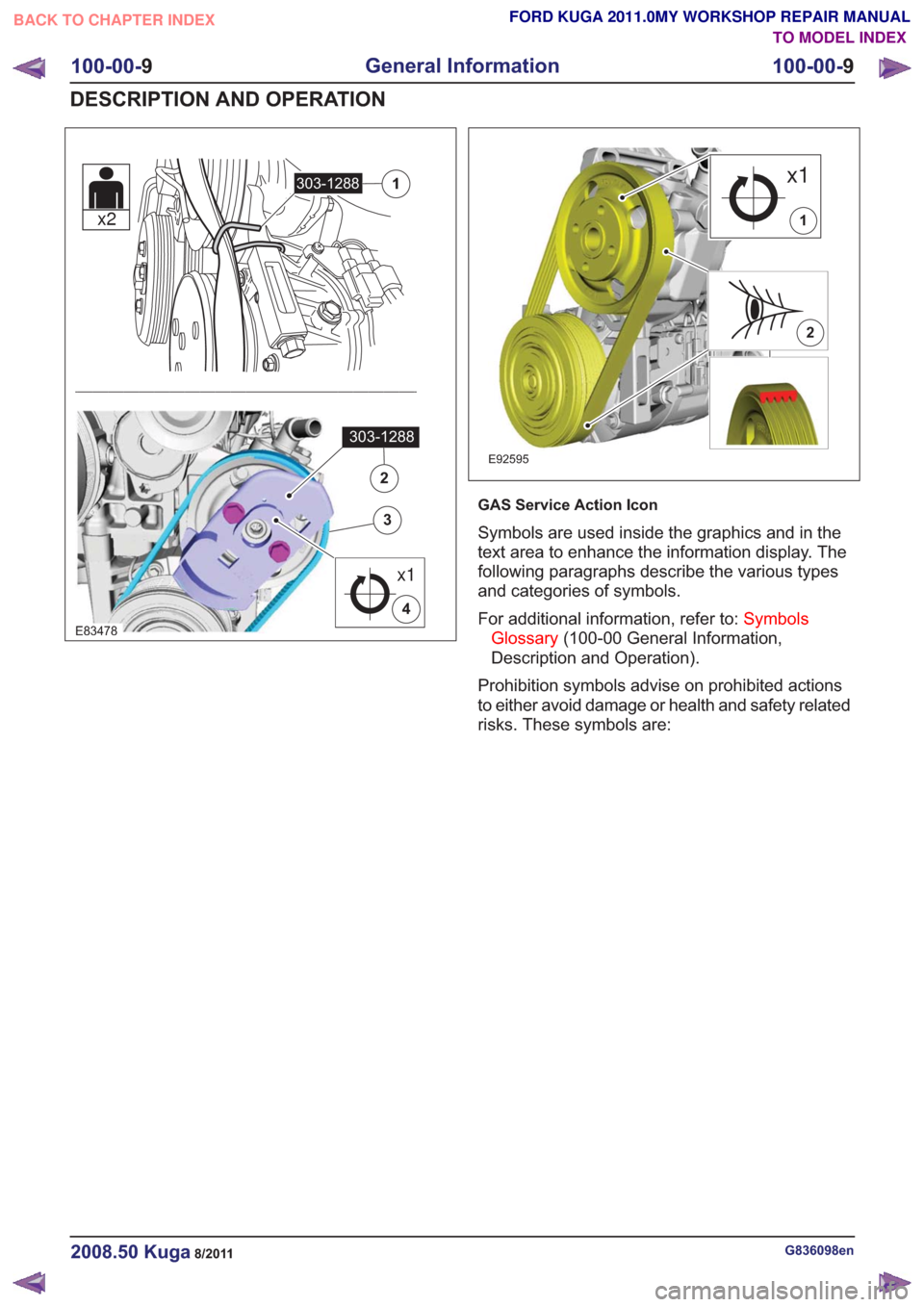 FORD KUGA 2011 1.G Workshop Manual E83478
303-1288
x1
303-12881
2
3
4
x2
E92595
x1
1
2
2
GAS Service Action Icon
Symbols are used inside the graphics and in the
text area to enhance the information display. The
following paragraphs des