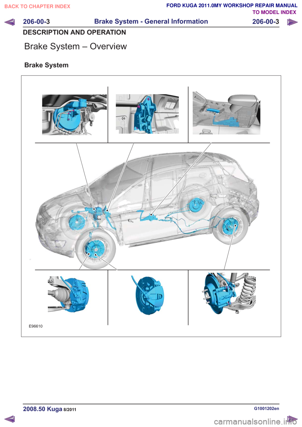 FORD KUGA 2011 1.G Workshop Manual Brake System – Overview
Brake System
E96610
G1001202en2008.50 Kuga8/2011
206-00-3
Brake System - General Information
206-00- 3
DESCRIPTION AND OPERATION
TO MODEL INDEX
BACK TO CHAPTER INDEX
FORD KUG FORD KUGA 2011 1.G Workshop Manual Brake System – Overview
Brake System
E96610
G1001202en2008.50 Kuga8/2011
206-00-3
Brake System - General Information
206-00- 3
DESCRIPTION AND OPERATION
TO MODEL INDEX
BACK TO CHAPTER INDEX
FORD KUG