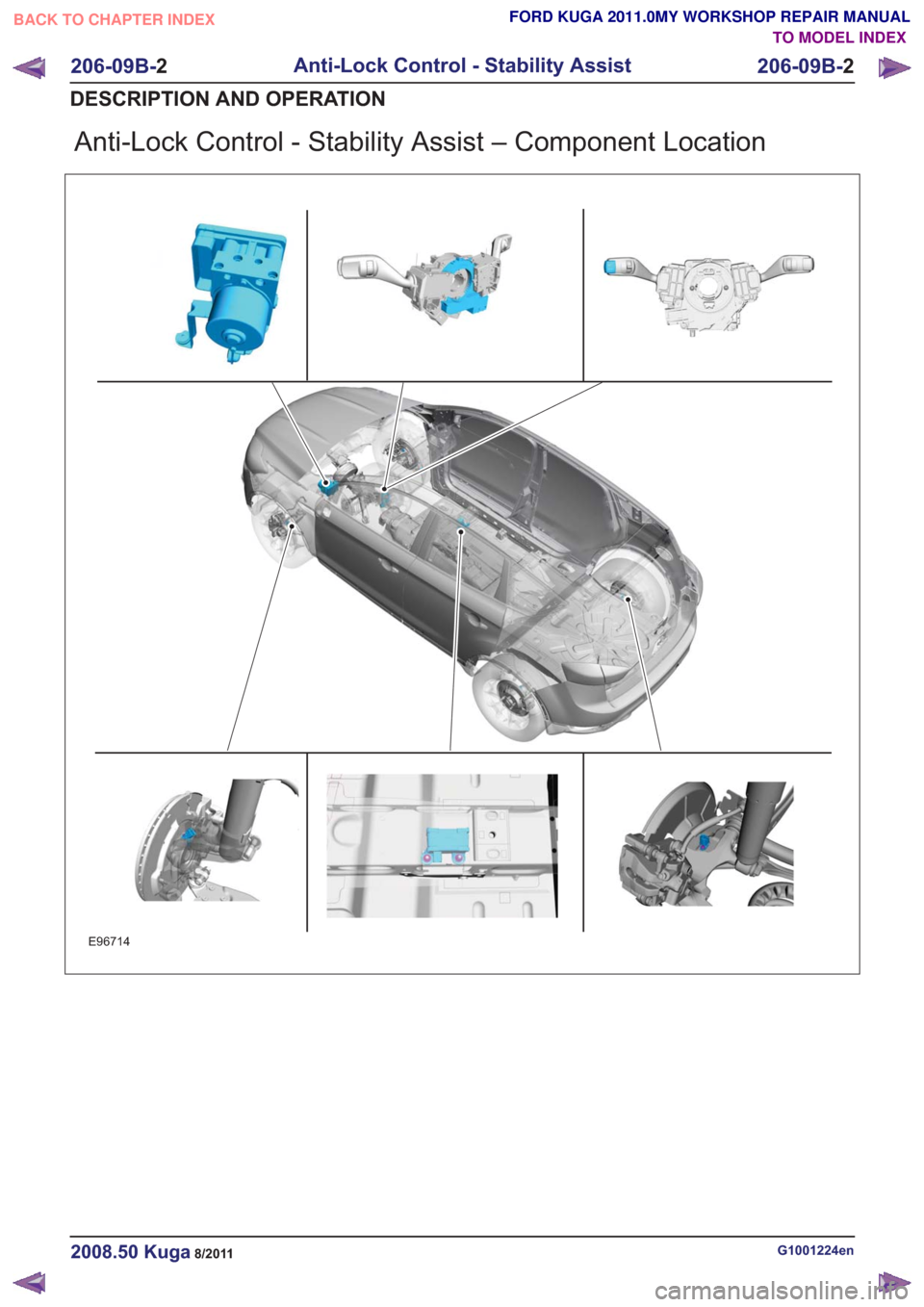 FORD KUGA 2011 1.G Workshop Manual Anti-Lock Control - Stability Assist – Component Location
E96714
G1001224en2008.50 Kuga8/2011
206-09B-2
Anti-Lock Control - Stability Assist
206-09B- 2
DESCRIPTION AND OPERATION
TO MODEL INDEX
BACK FORD KUGA 2011 1.G Workshop Manual Anti-Lock Control - Stability Assist – Component Location
E96714
G1001224en2008.50 Kuga8/2011
206-09B-2
Anti-Lock Control - Stability Assist
206-09B- 2
DESCRIPTION AND OPERATION
TO MODEL INDEX
BACK