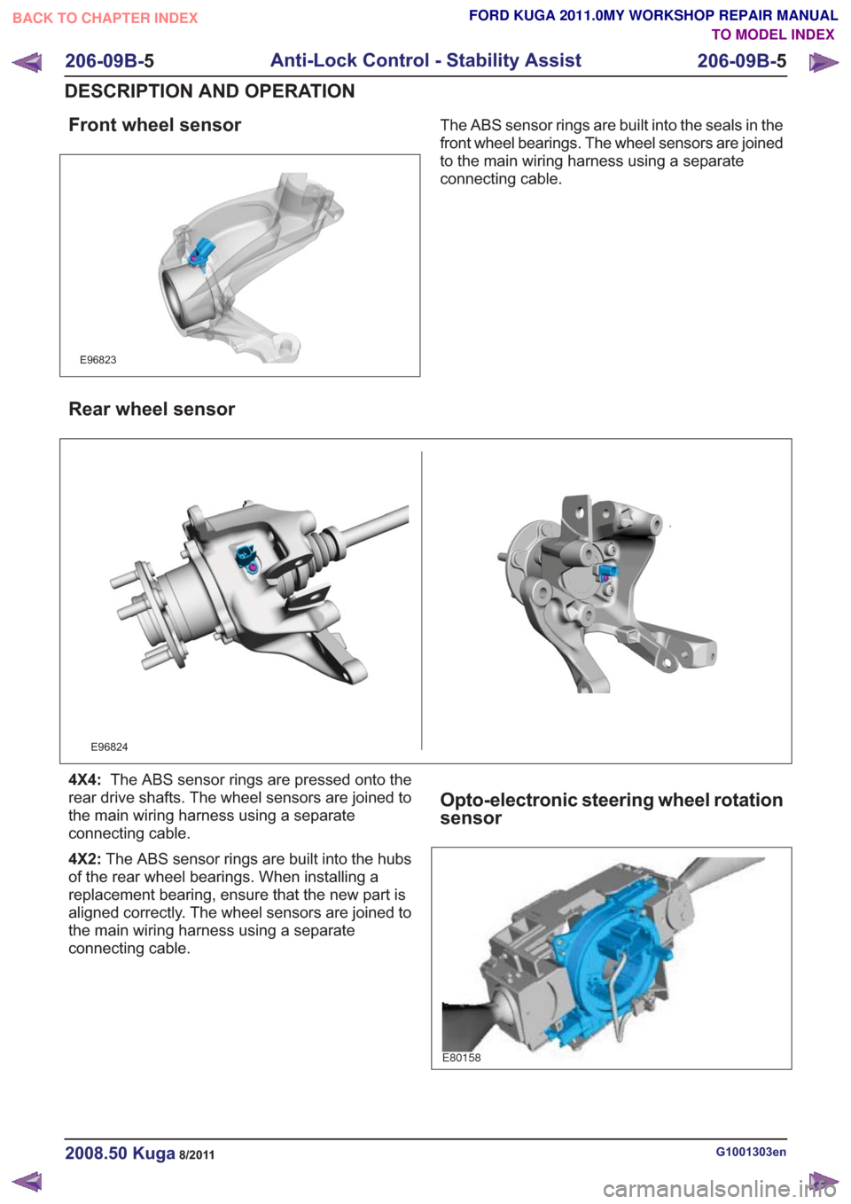 FORD KUGA 2011 1.G Service Manual Front wheel sensor
E96823
The ABS sensor rings are built into the seals in the
front wheel bearings. The wheel sensors are joined
to the main wiring harness using a separate
connecting cable.
Rear whe