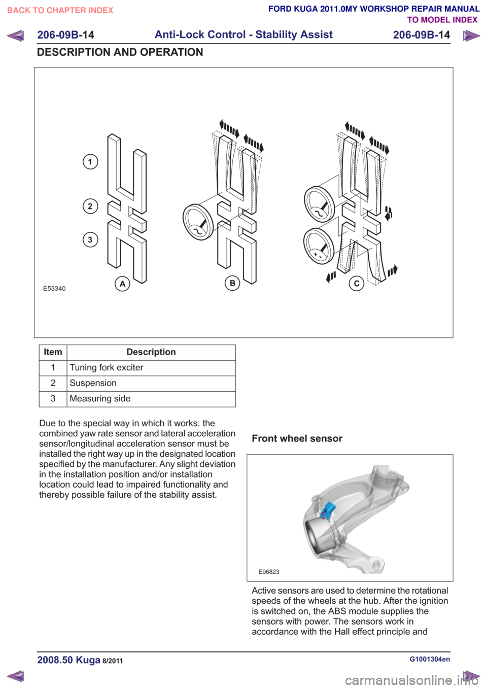 FORD KUGA 2011 1.G Owners Guide E53340
1
2
3
Description
Item
Tuning fork exciter
1
Suspension
2
Measuring side
3
Due to the special way in which it works. the
combined yaw rate sensor and lateral acceleration
sensor/longitudinal ac FORD KUGA 2011 1.G Owners Guide E53340
1
2
3
Description
Item
Tuning fork exciter
1
Suspension
2
Measuring side
3
Due to the special way in which it works. the
combined yaw rate sensor and lateral acceleration
sensor/longitudinal ac