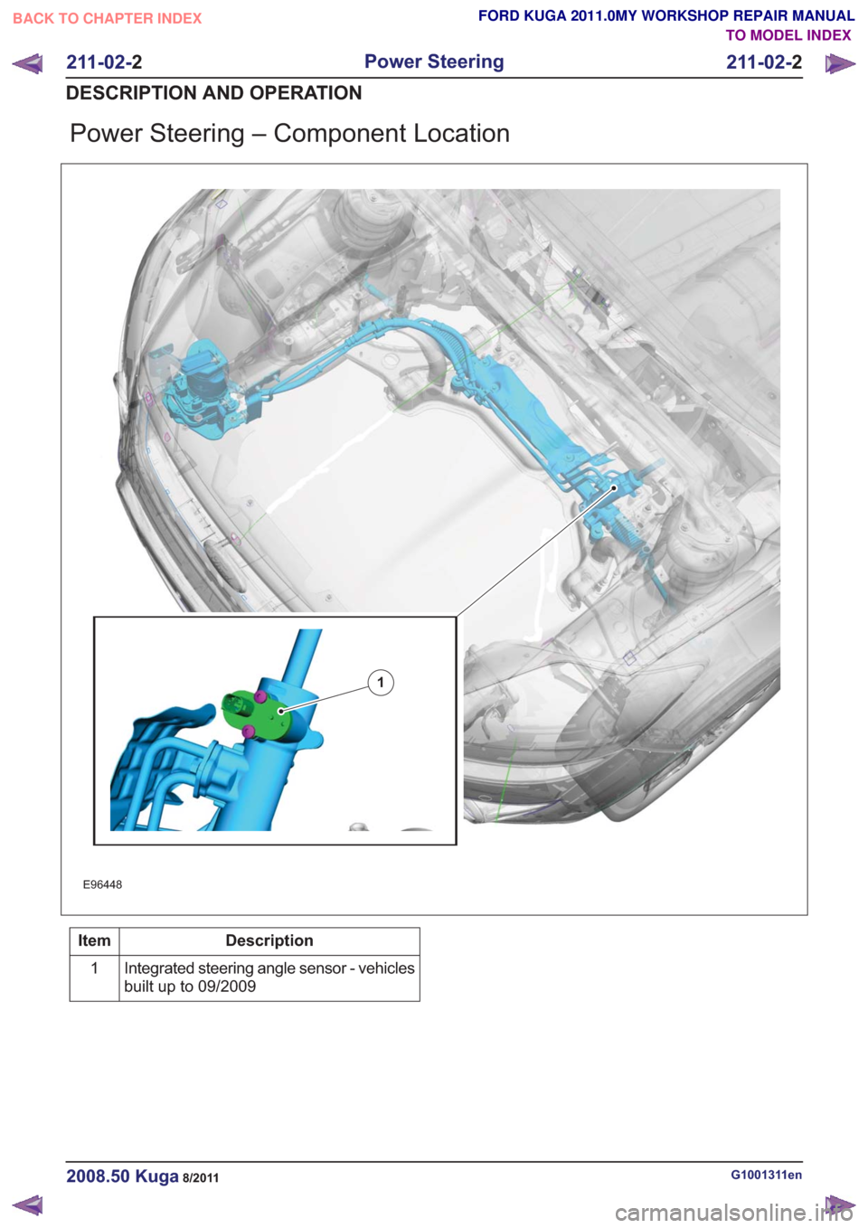 FORD KUGA 2011 1.G Manual PDF Power Steering – Component Location
E96448
1
Description
Item
Integrated steering angle sensor - vehicles
built up to 09/2009
1
G1001311en2008.50 Kuga8/2011
211-02-
2
Power Steering
211-02- 2
DESCRI FORD KUGA 2011 1.G Manual PDF Power Steering – Component Location
E96448
1
Description
Item
Integrated steering angle sensor - vehicles
built up to 09/2009
1
G1001311en2008.50 Kuga8/2011
211-02-
2
Power Steering
211-02- 2
DESCRI