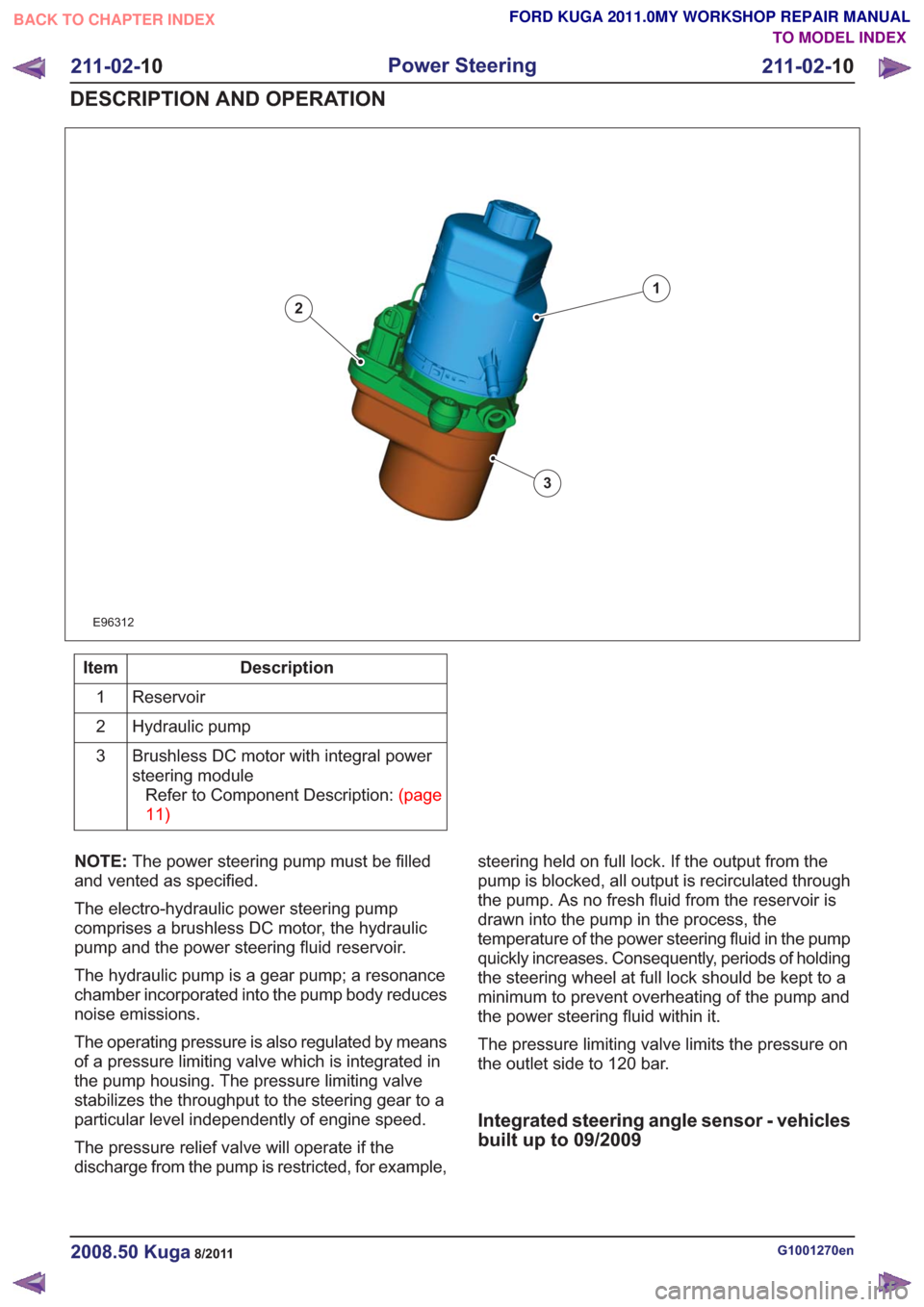 FORD KUGA 2011 1.G Workshop Manual E96312
1
2
3
Description
Item
Reservoir
1
Hydraulic pump
2
Brushless DC motor with integral power
steering moduleRefertoComponentDescription:(page
11)
3
NOTE: The power steering pump must be filled
an FORD KUGA 2011 1.G Workshop Manual E96312
1
2
3
Description
Item
Reservoir
1
Hydraulic pump
2
Brushless DC motor with integral power
steering moduleRefertoComponentDescription:(page
11)
3
NOTE: The power steering pump must be filled
an