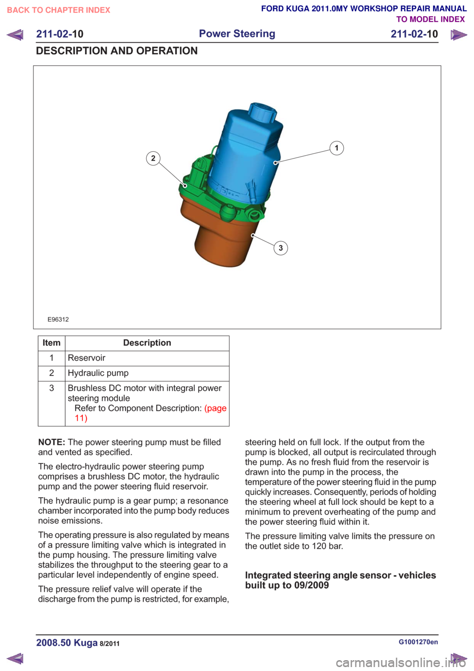 FORD KUGA 2011 1.G Workshop Manual E96312
1
2
3
Description
Item
Reservoir
1
Hydraulic pump
2
Brushless DC motor with integral power
steering moduleRefertoComponentDescription:(page
11)
3
NOTE: The power steering pump must be filled
an